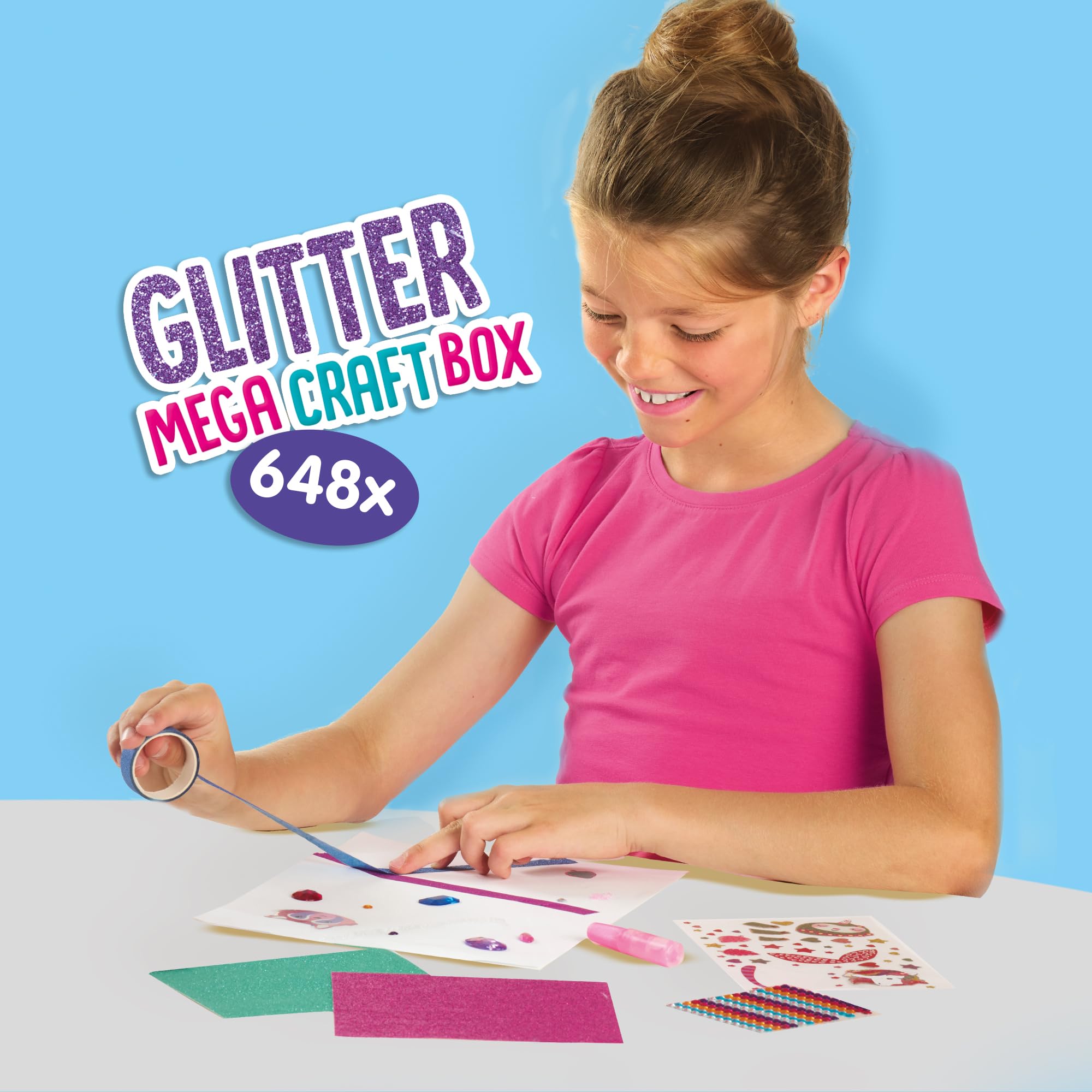SES Creative 14139 Glitter Mega Craft Box - Kreatywny zestaw do majsterkowania dla dzieci w wieku 5+ - zawiera 65 naklejek diamentowych XL, 360 okrągłych naklejek diamentowych