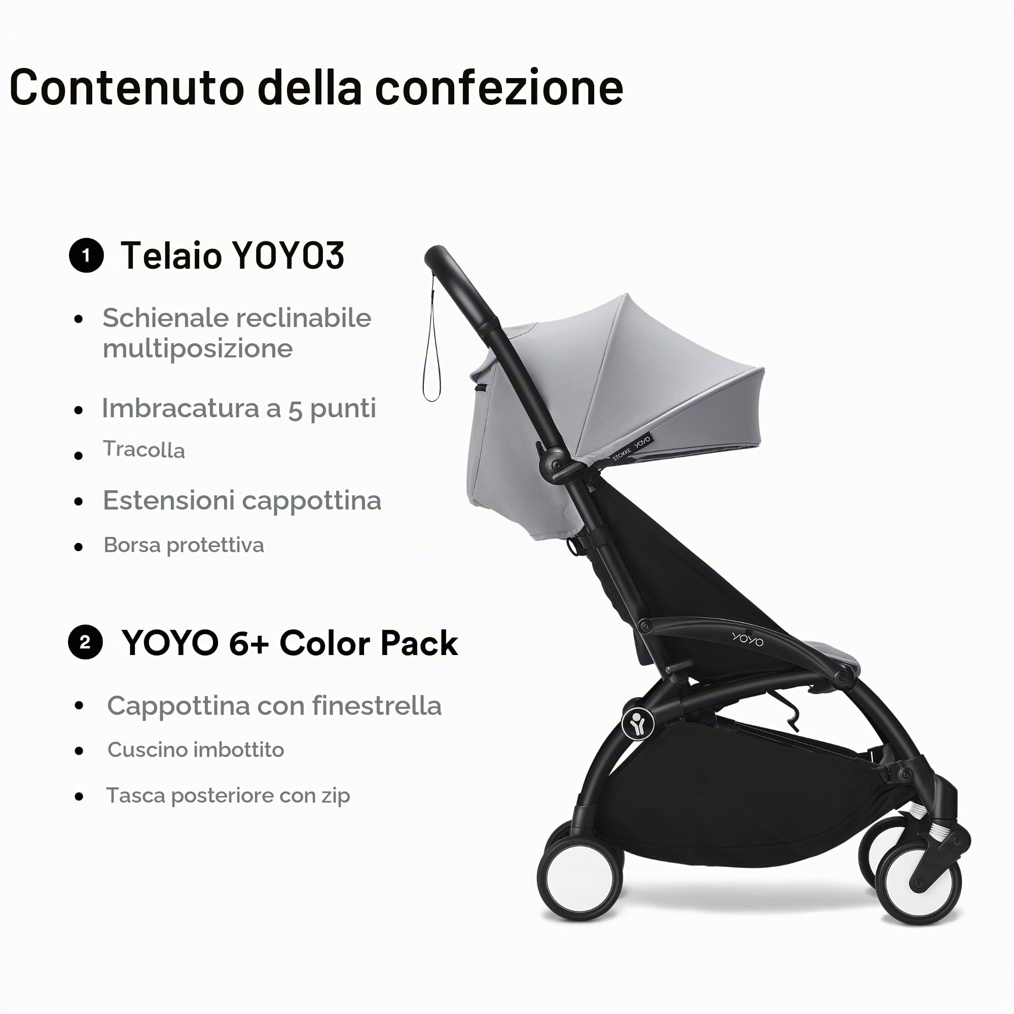 Passeggino Stokke YOYO3 da 6 mesi - Include telaio nero/cuscino seduta Stone + Capottina - Si ripiega e si apre in un lampo - Leggero e compatto - Compatibile con il bagaglio a mano