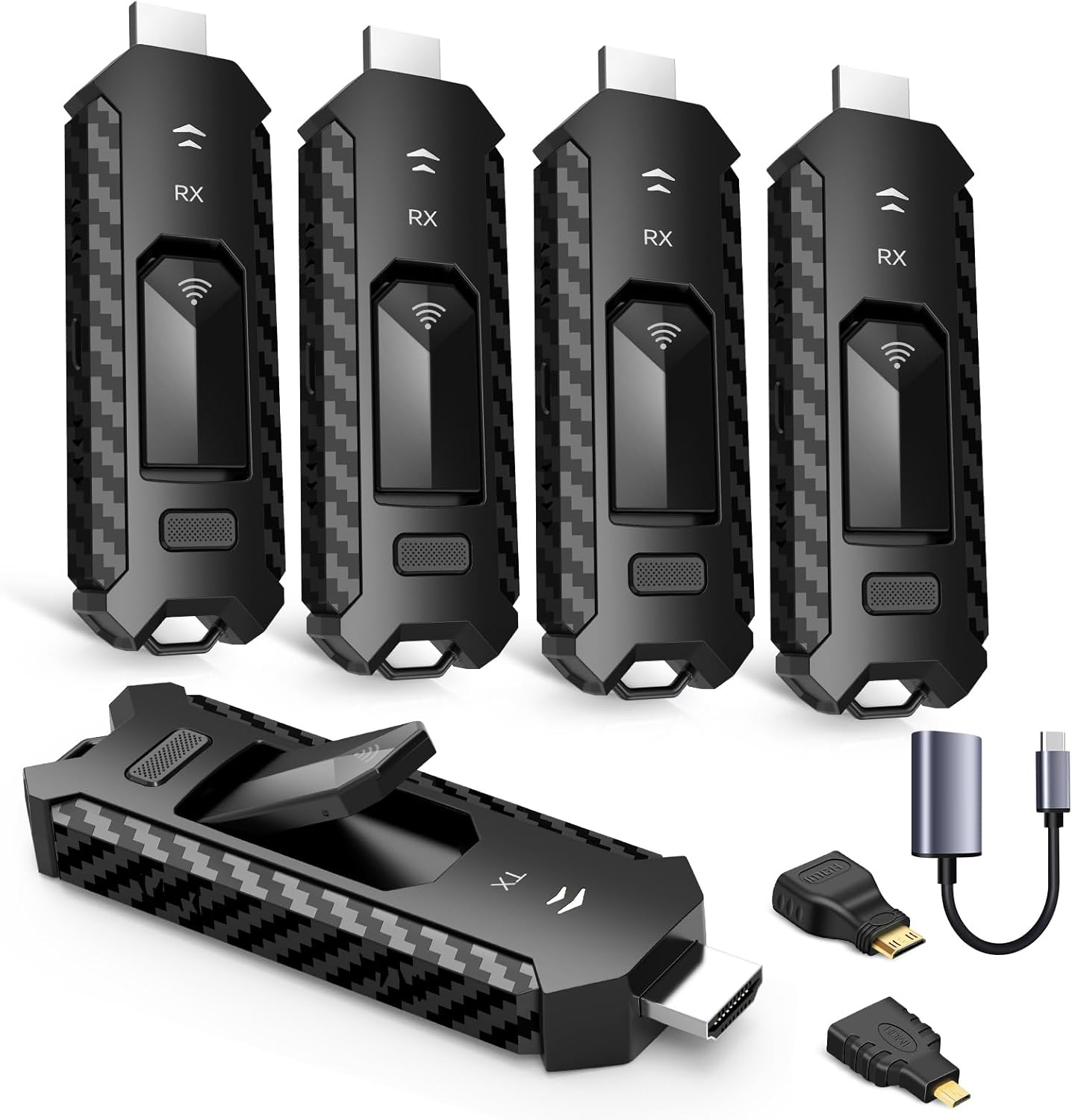 Wireless HDMI PRO- Transmitter and Four Receiver, Portable Multi-TVs Extender Kit, Plug and Play, Heat-Control, 5.8G/2.4G @60Hz 165FT/50M, Stream Video Wirelessly from Laptop to Multiple HDTVs/Monitor