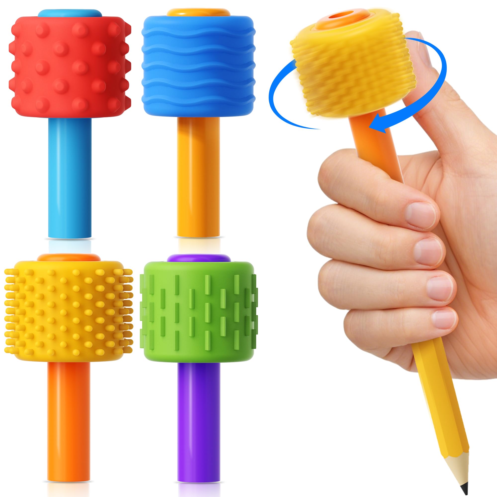 4 in 1 Pencil Fidgets for ADHD & Autism Anxiety Relief,60s Continuous Spin Pencil Topper with Textured Spinners,Silent Sensory Stress Relief Tool for Focus & Calm,Fidget Pen Flipper for Home&Classroom
