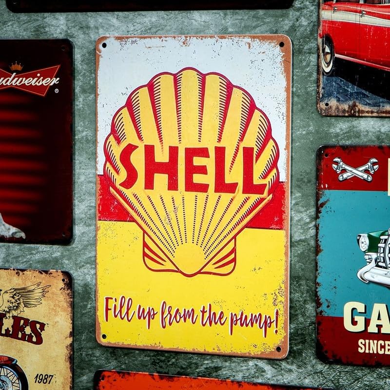 Image of Eazywagon Decorative Retro Metal Signs Wall Plate - 12x8 Inch (Shell Petrol) | Weatherproof Vintage Metal Sign Plate for Cafe, Home, Bar, Garage | Decorative Wall Hanging Sign Board