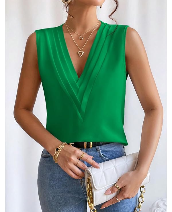 MYCOLORBLUE Sleeveless Tops for Women Summer V-neck Chiffon T Shirts Business Office Dressy Outfit Blouse Green M by MYCOLORBLUE - Used condition - Image 4