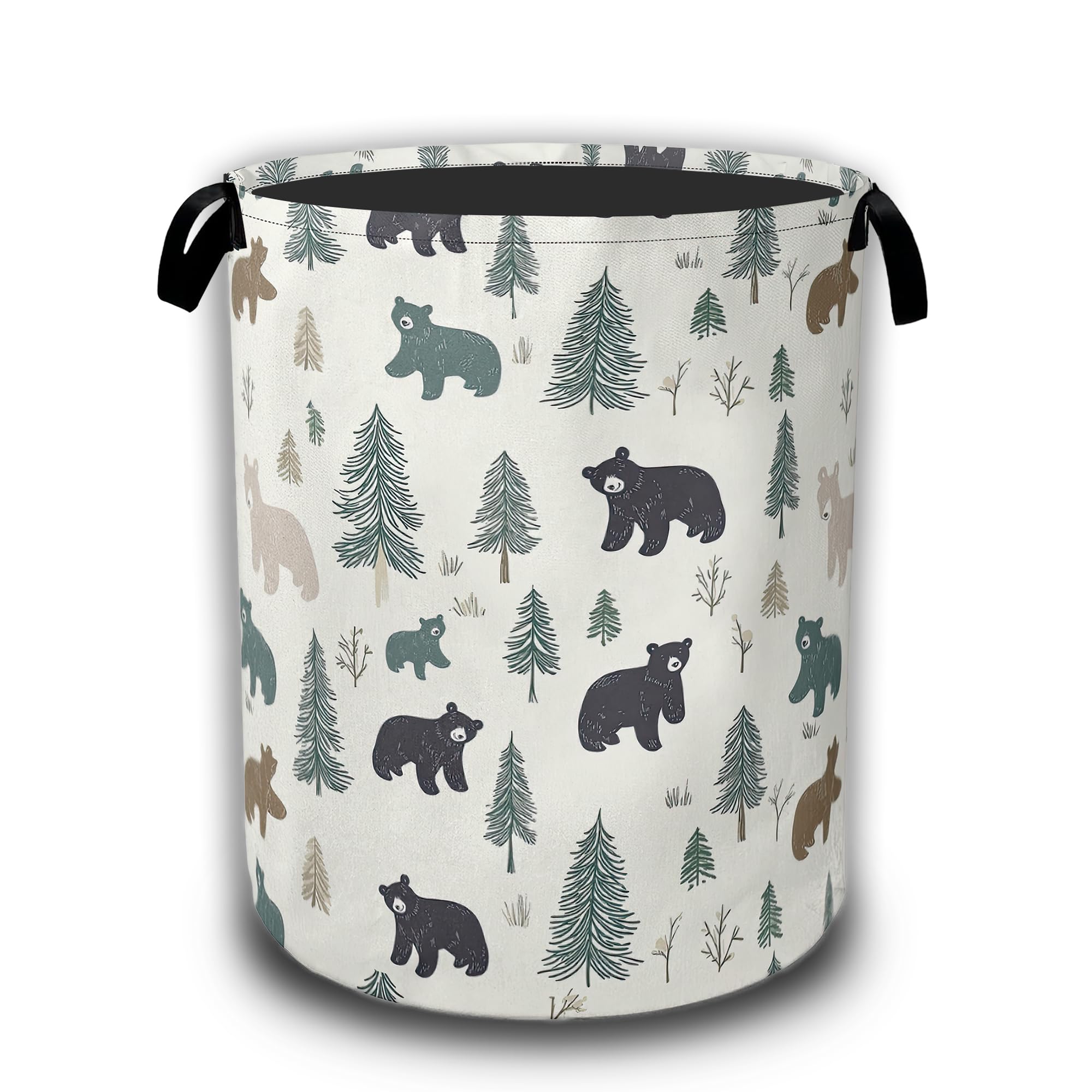 Bear Pine Tree Laundry Basket,Wild Animal Laundry Hamper Waterproof Oxford Cloth Tote Collapsible,Clothes Storage Bucket Decorative Toy Organizer For Bathroom Bedroom 16" x 20.8"