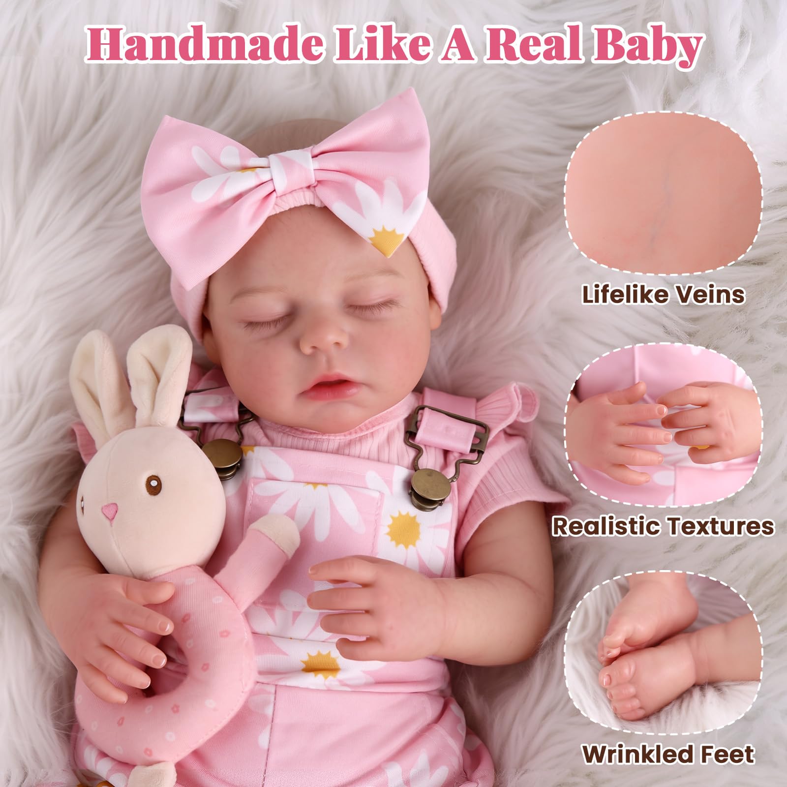 BABESIDE Reborn Puppe Mädchen, 20 Zoll Vinyl Schlafende Babypuppen wie echt | Bewegliches Reborn Baby mit Stoffkörper, Lebensechte Babypuppen mit Latzhosen-Set und Zubehör, Baby Doll Puppe ab 3+ Jahre