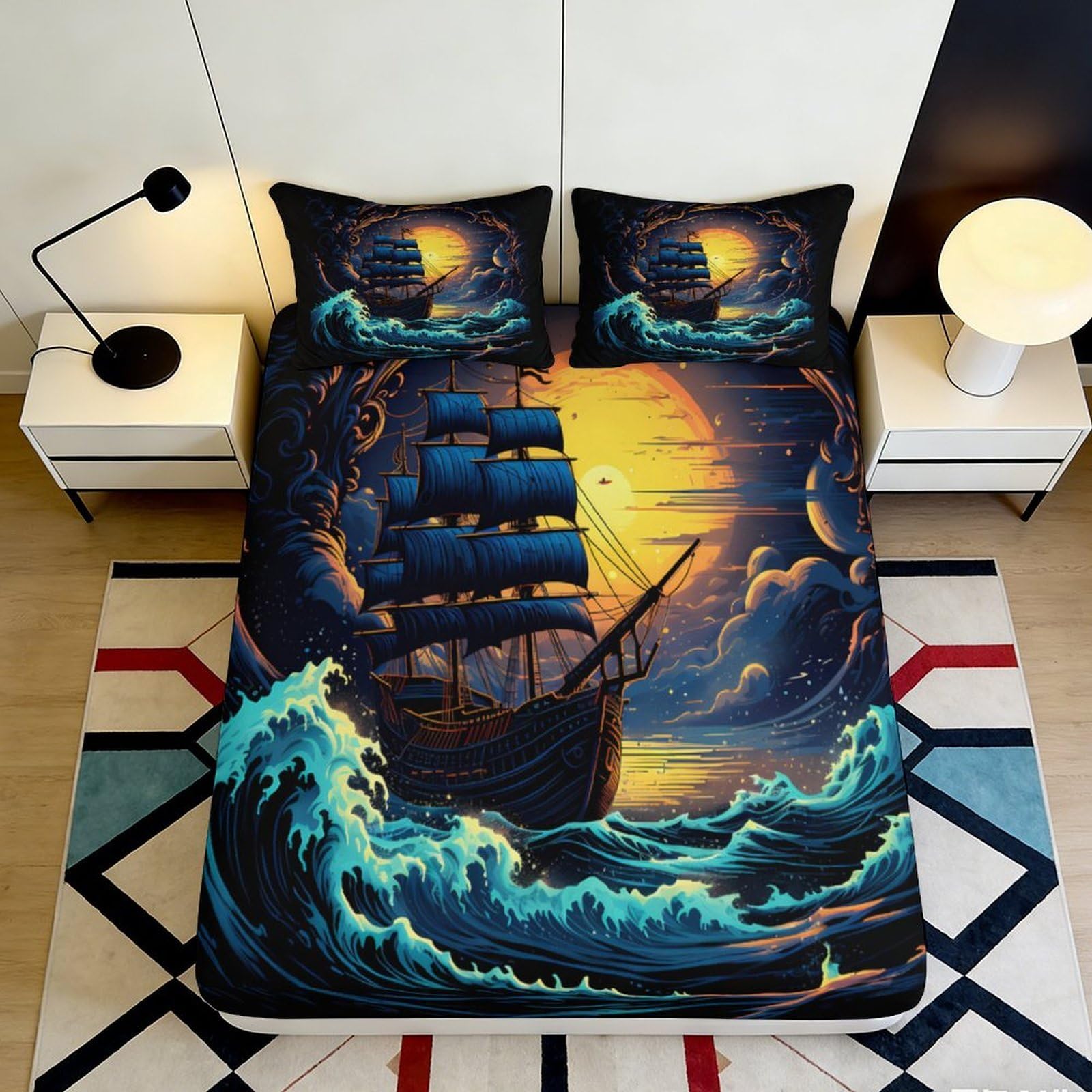 3D Printed Pirate Ship Fitted Sheet Microfiber Ocean Wave Bed Cover for Bedroom Decor Dorm Mattress Protection 90x200x25cm