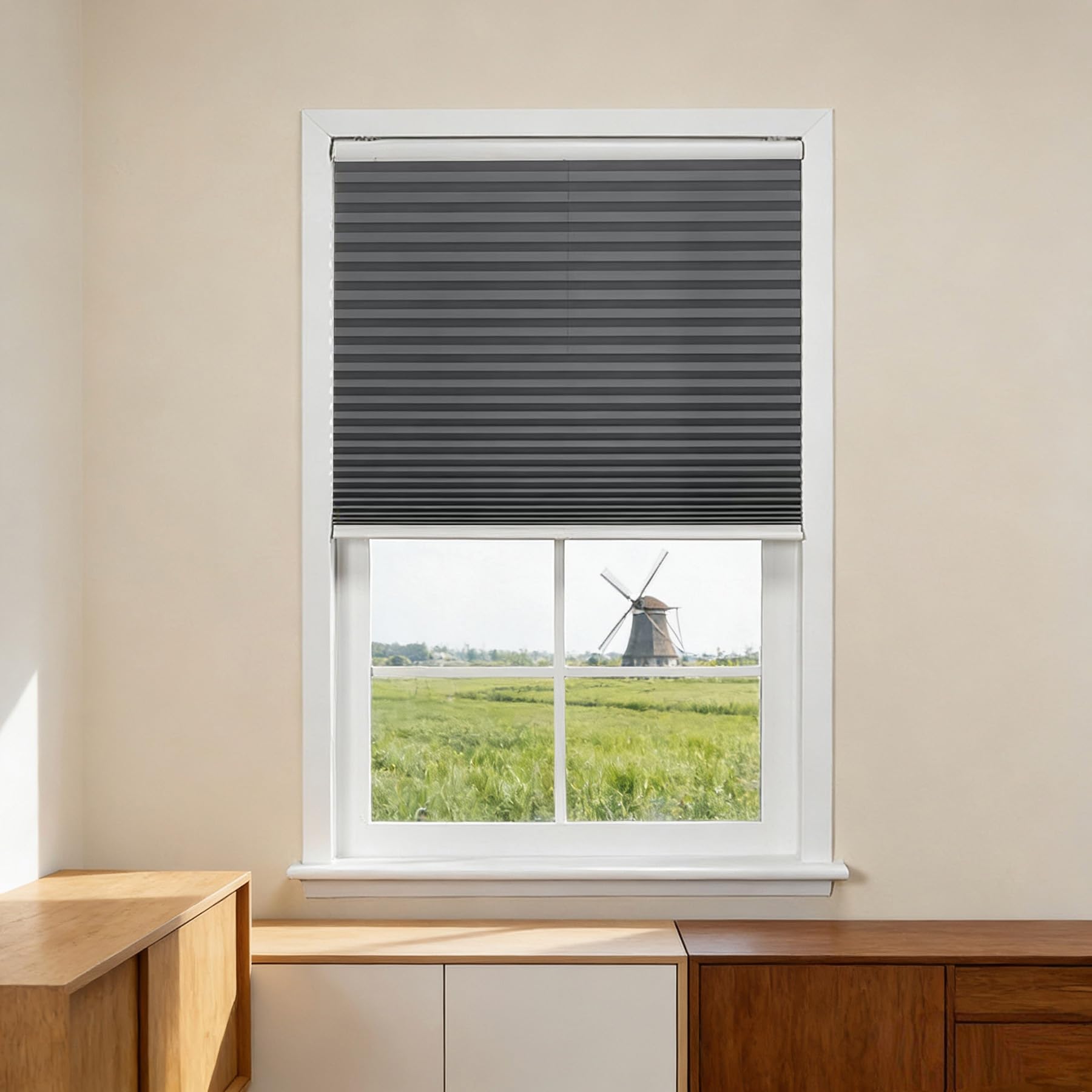 Store plissé gris 80x264 cm tamisant et thermique pour protection solaire de salon
