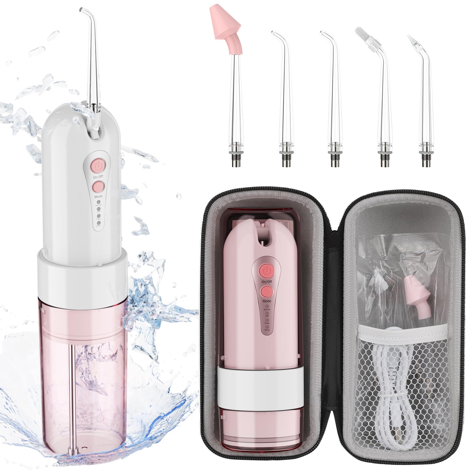 Water Dental Flosser for Teeth Cleaning and Flossing with Travel Size Case – Rechargeable Oral Irrigator, KOOVON Portable Water Flosser for Adults, IPX7 Waterproof, 5 Jet Tips & 4 Modes, Pink