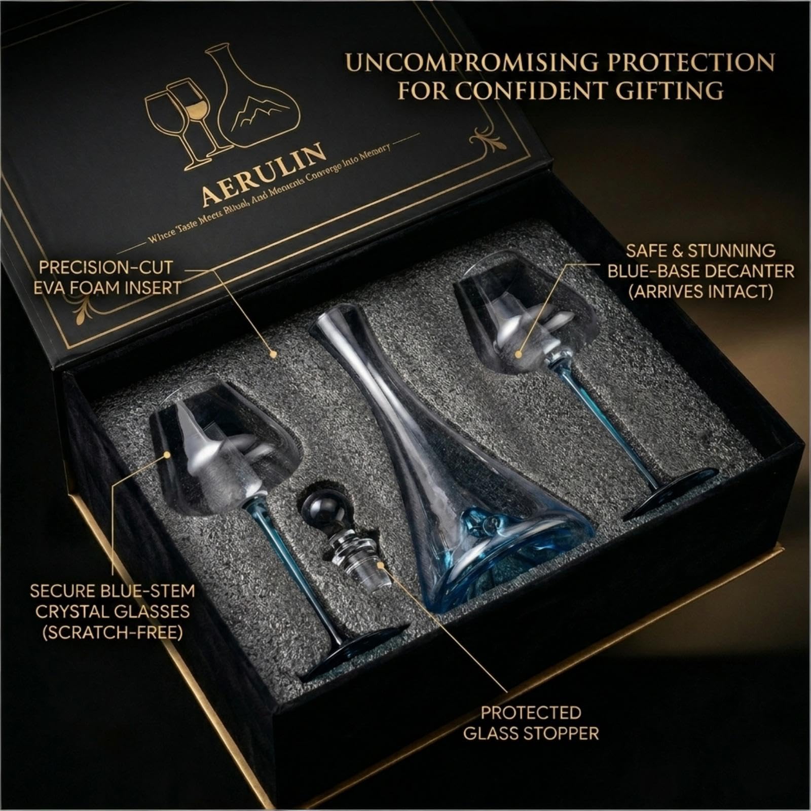 1150ml Carafe à Vin avec 2 Verres à Pied Bleu et Bouchon, Décanteur à Vin Rouge en Cristal Sans Plomb avec Montagne 3D, Coffret Cadeau Luxe pour Anniversaire et Mariage