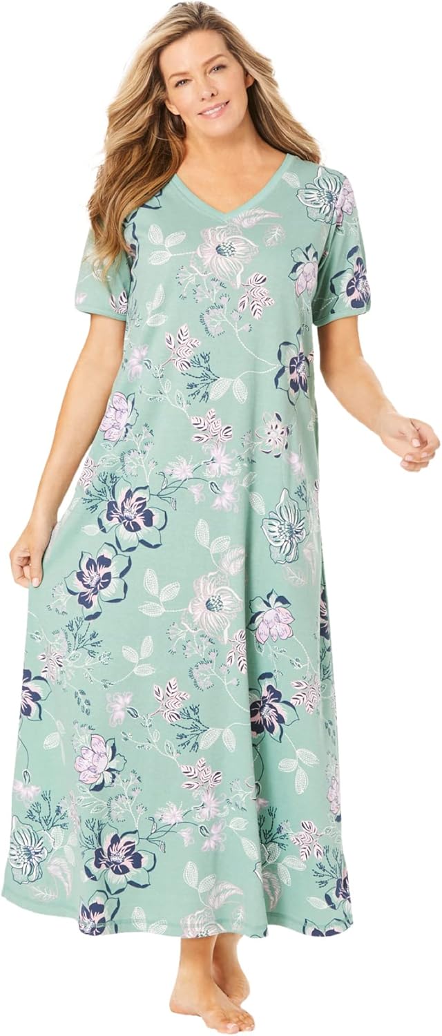 Dreams & Co. Plus Size Petite V-Neck Short Sleeve Maxi Lounger - 3X, Aquatic Green Bouquet