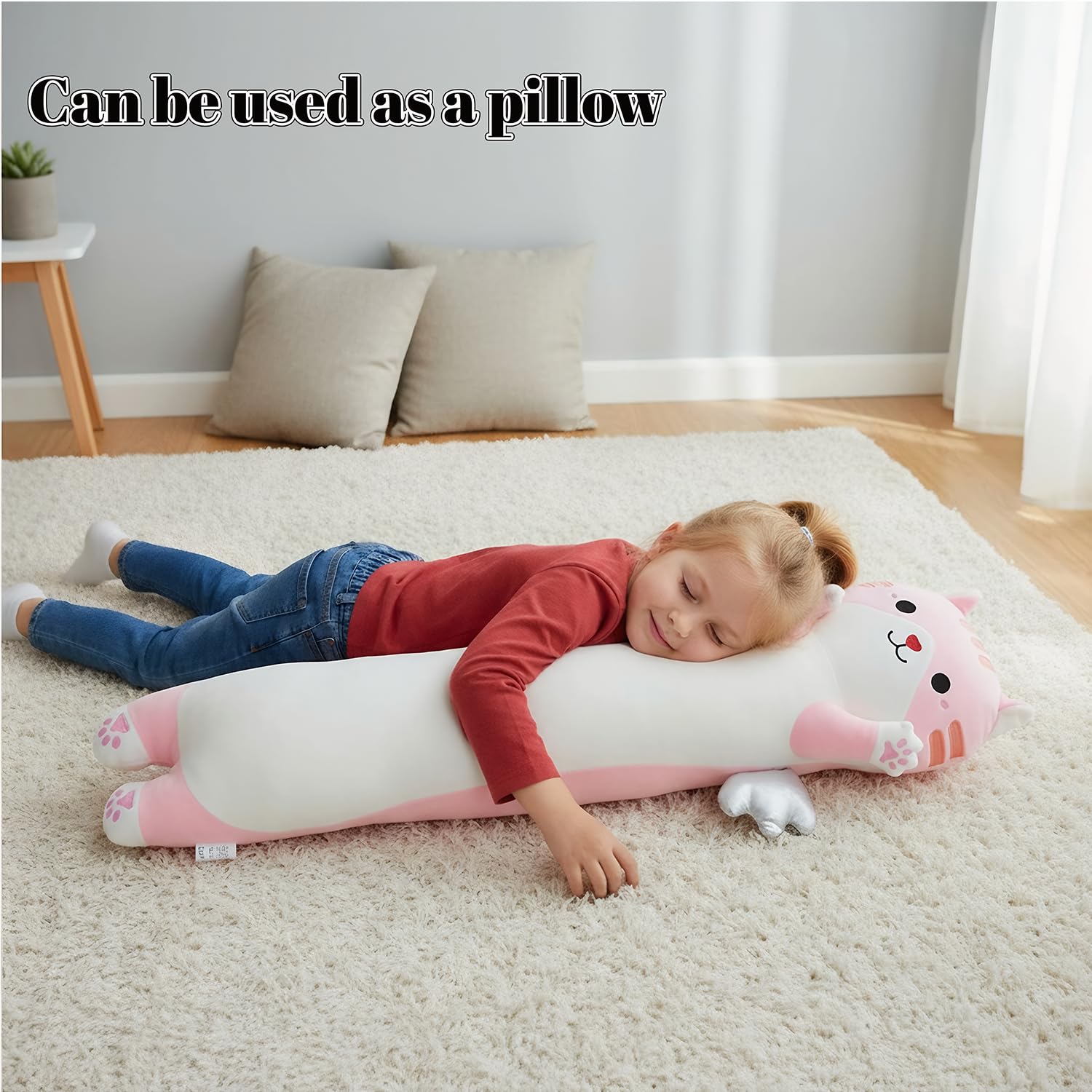 Pluszowe zwierzęta koty, poduszka długa XXL, skrzydła kota, przytulanka, miękki kot, Kawaii, duża, pluszowa zabawka dla dzieci i dorosłych (różowa, 110 cm)