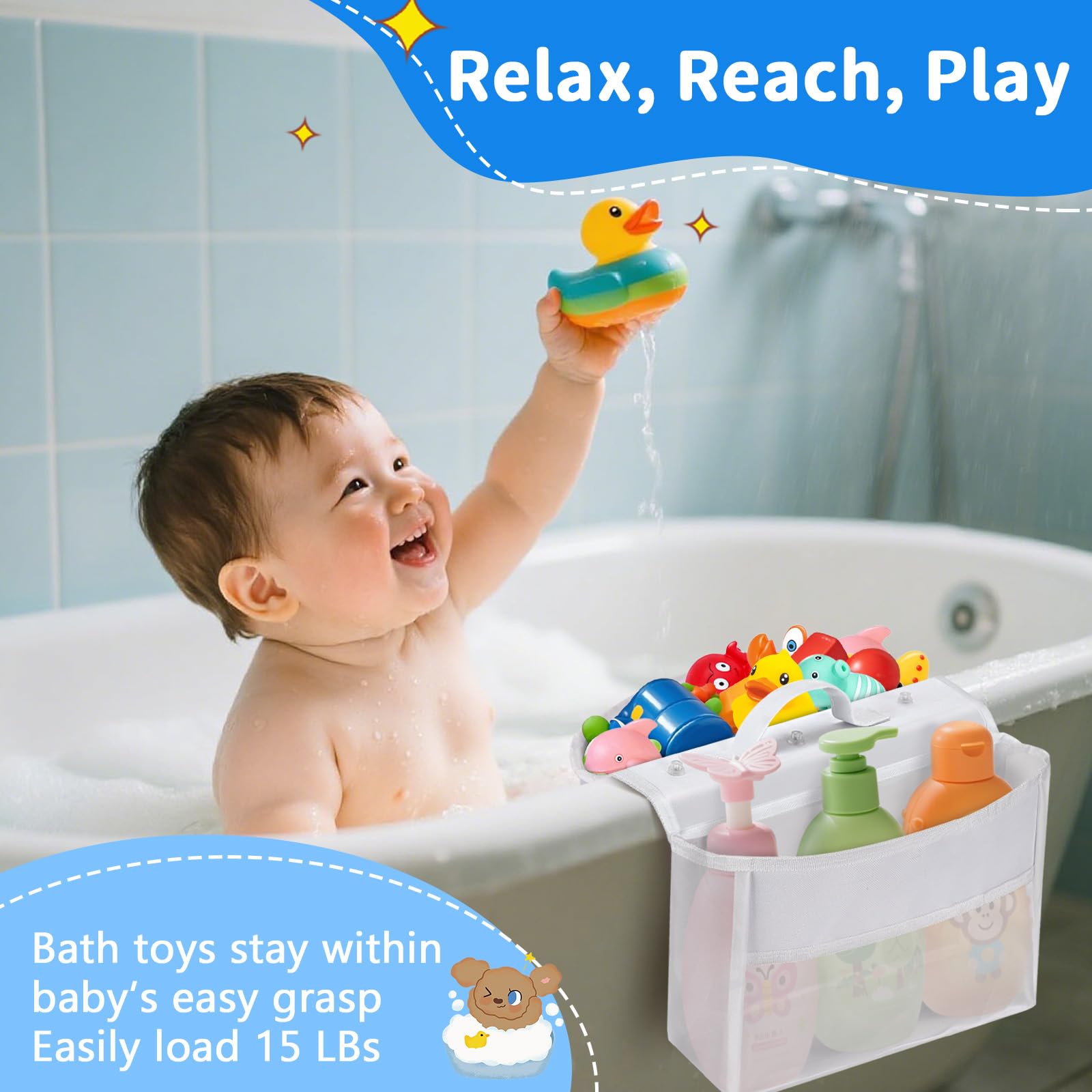 Saddle Shape Bath Toy Organizer with 2 Extra-Wide Compartments, Premium Mesh Bath Tub Toy Storage for Kids, Quick-Dry & Breathable Design, Quick-Access Bath Toy Holder for Drying Toys and Storage