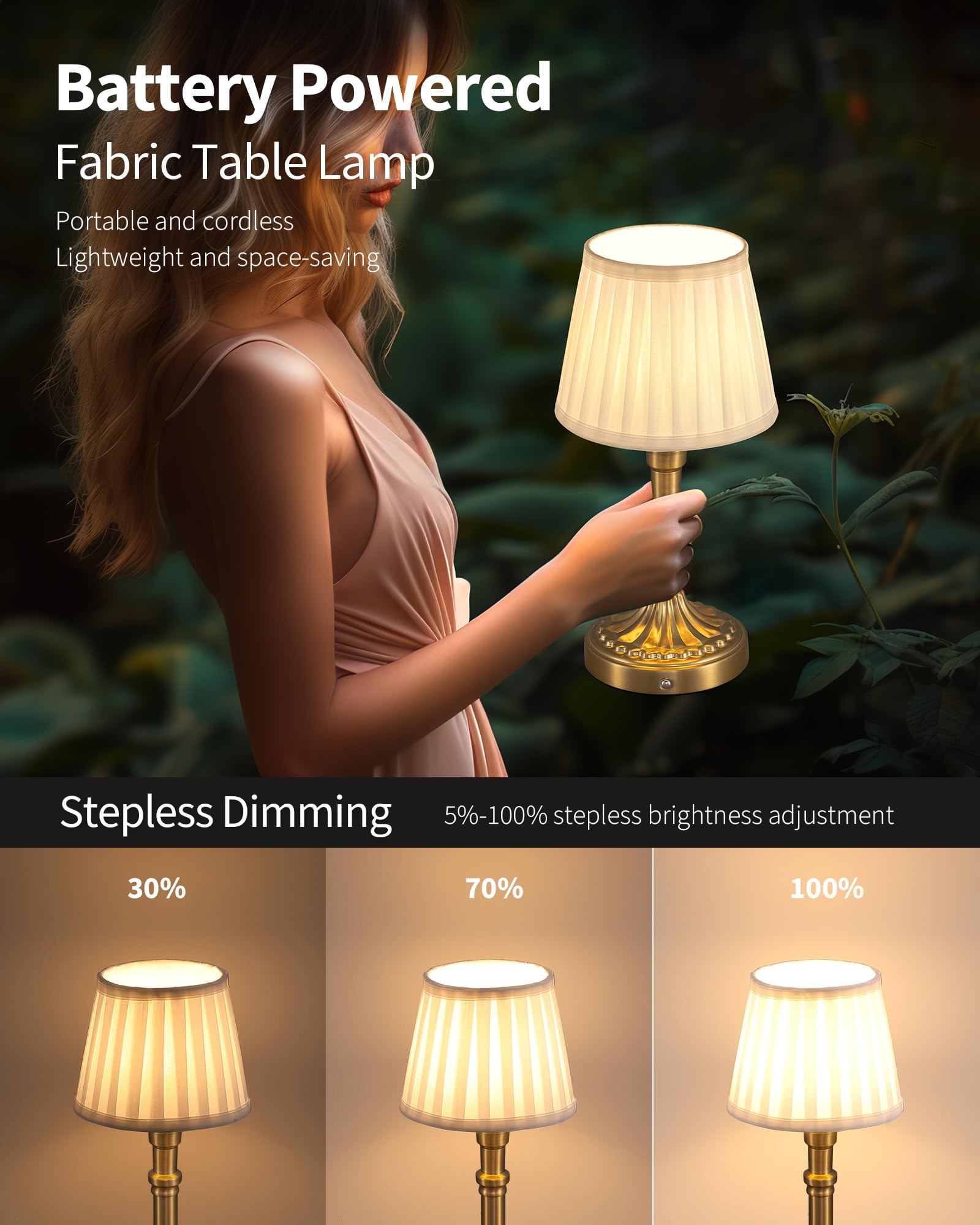 NEWSEE Lámpara de mesa inalámbrica recargable, pequeña lámpara de noche con pantalla de tela, luz táctil LED de atenuación continua para sala de estar, comedor, dormitorio, baño (bronce)