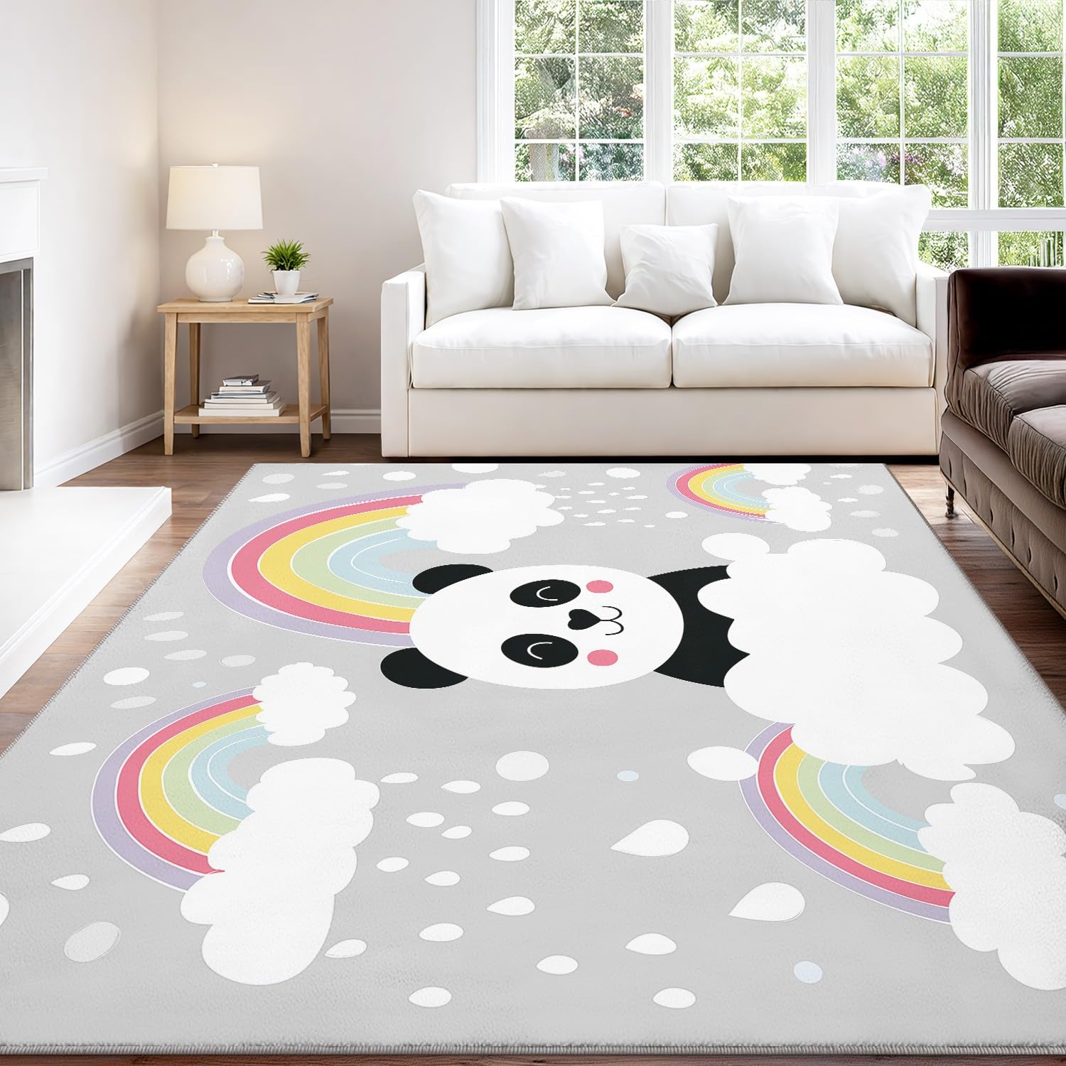 Generisch Tappeto lavabile per soggiorno, a pelo corto, antiscivolo, con simpatico panda e nuvole, per soggiorno, camera da letto, cameretta dei bambini, 60 x 120 cm, grigio