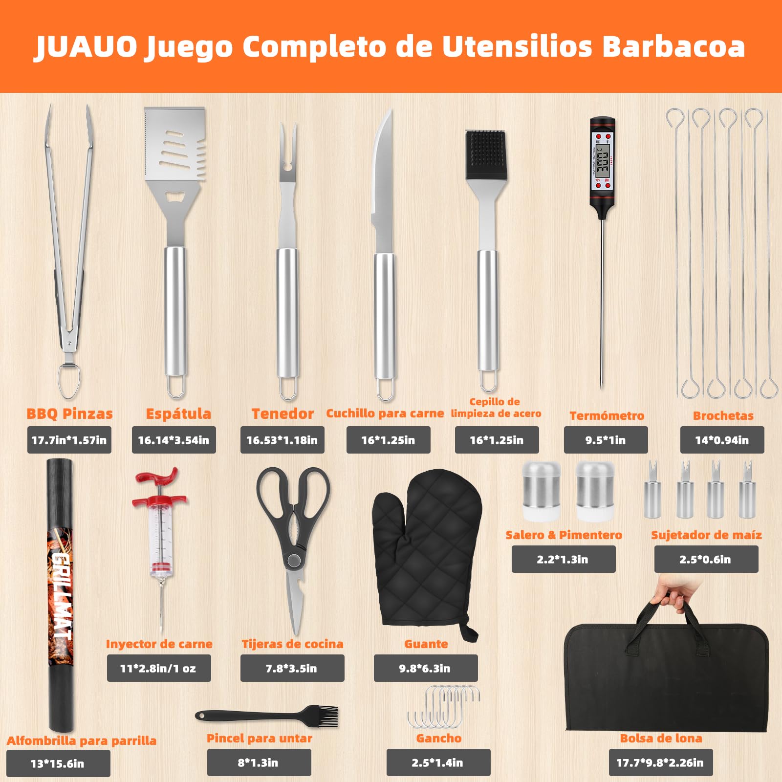 Juego de 32 Piezas Set Accesorios Barbacoa, Acero Inoxidable Kit Utensilios Barbacoa para Asar al Aire Libre con Bolsa, Cuchillo, Termómetro y Jeringa para Carne, Regalo para Hombre, Padre, Cumpleaños