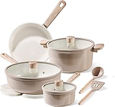 CAROTE 12Pcs Ceramic Pots and Pans Set Non Stick, Healthy Cookware Set, PFAS/PFOA Free, Kitchen Cooking Set with Frying Pans, Taupe
