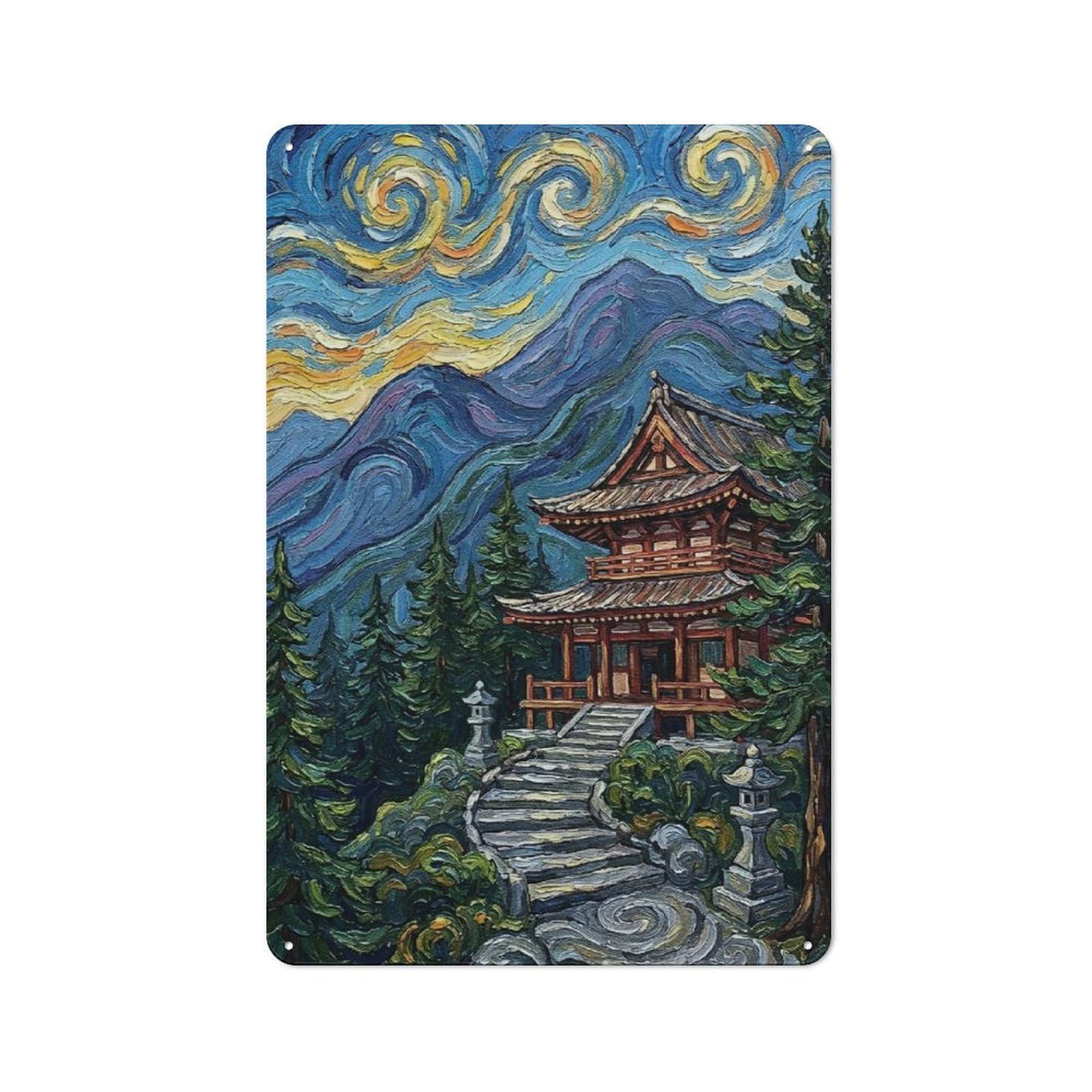 Junmoney Style-20 Tin Wall Plaque 30X20cm With Japanese Temple Under Starry Sky For Guest Room Or Hallway, For Updating Guest Room And Hallway After Moving