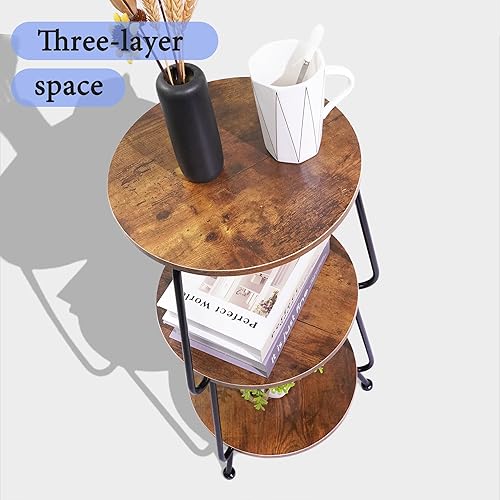 Miniatura 9 de Mesa auxiliar pequeña, mesa auxiliar redonda de 3 niveles, mesa auxiliar delgada, mesita de noche industrial vintage, marco de metal y mesa de