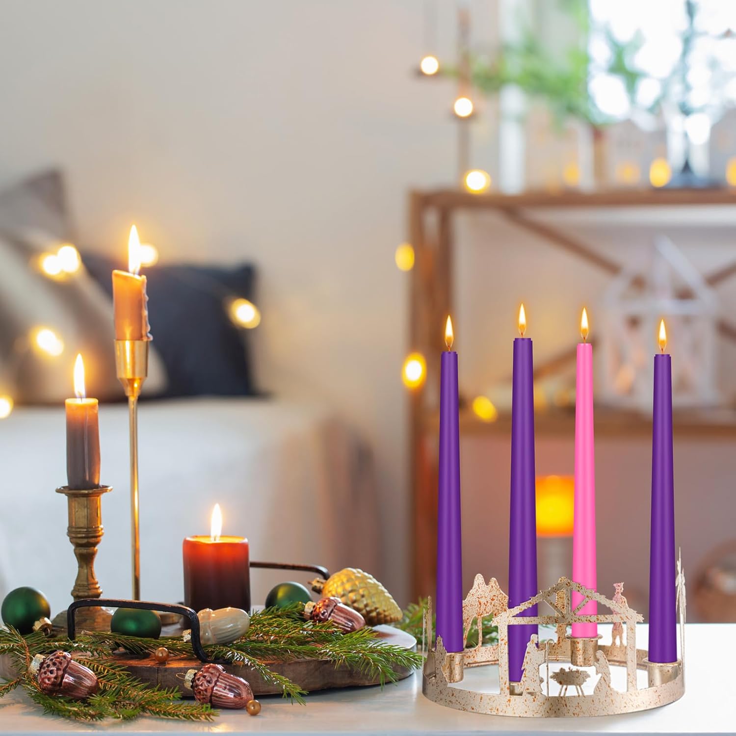 Willinglong Nativity Scene Christmas Advent Candle Holder Christian Holy Family Advent Wreath Holder Metal Nativity Vintage Jesus Candleholder for Xmas Religious Supplies Table Decor(4 Candle Cup)