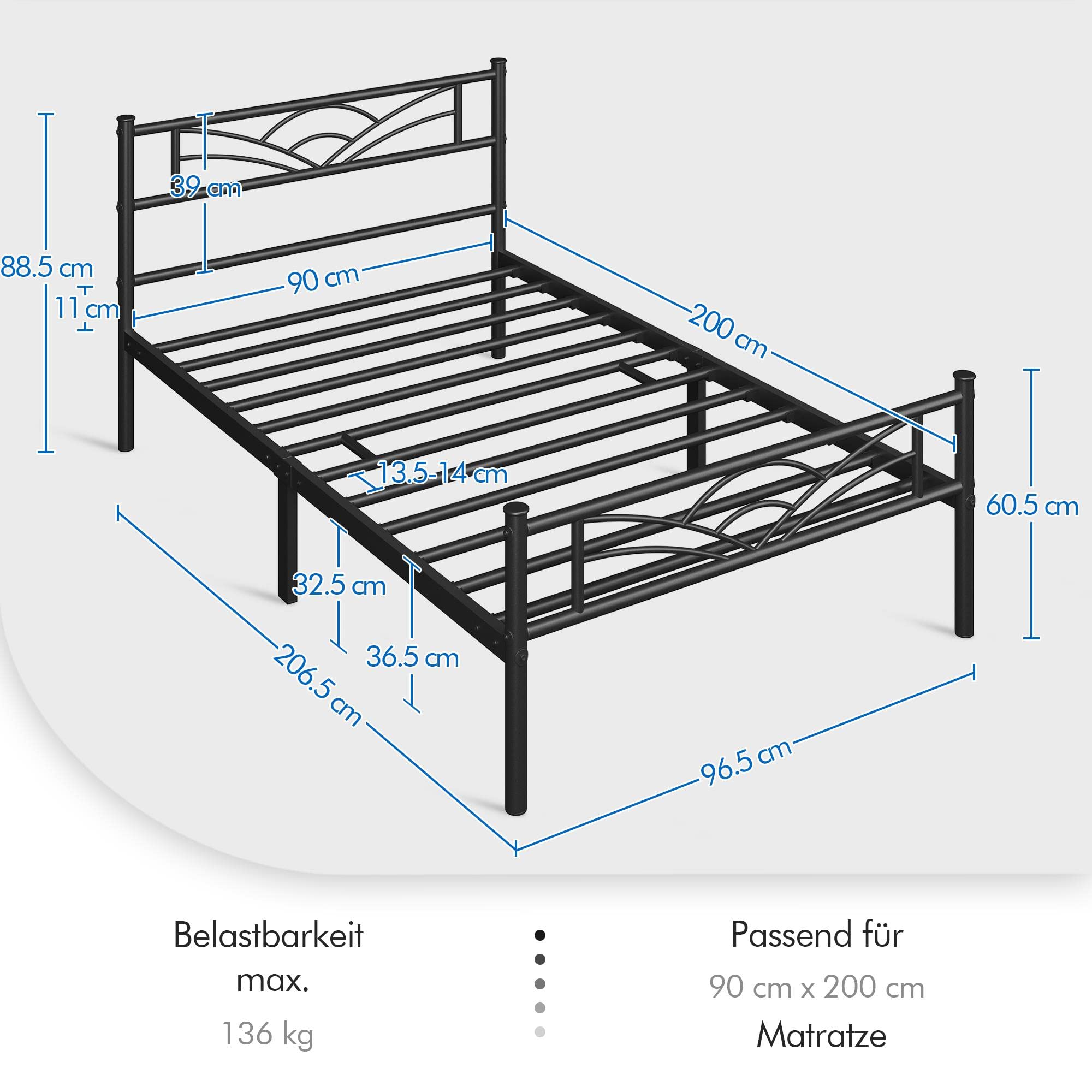 Yaheetech Bettrahmen Metallbett Gästebett Bettgestell aus Metall, Modern Jugendbett mit Lattenrost, für Schlafzimmer Gästezimmer 90 x 200 cm/Schwarz