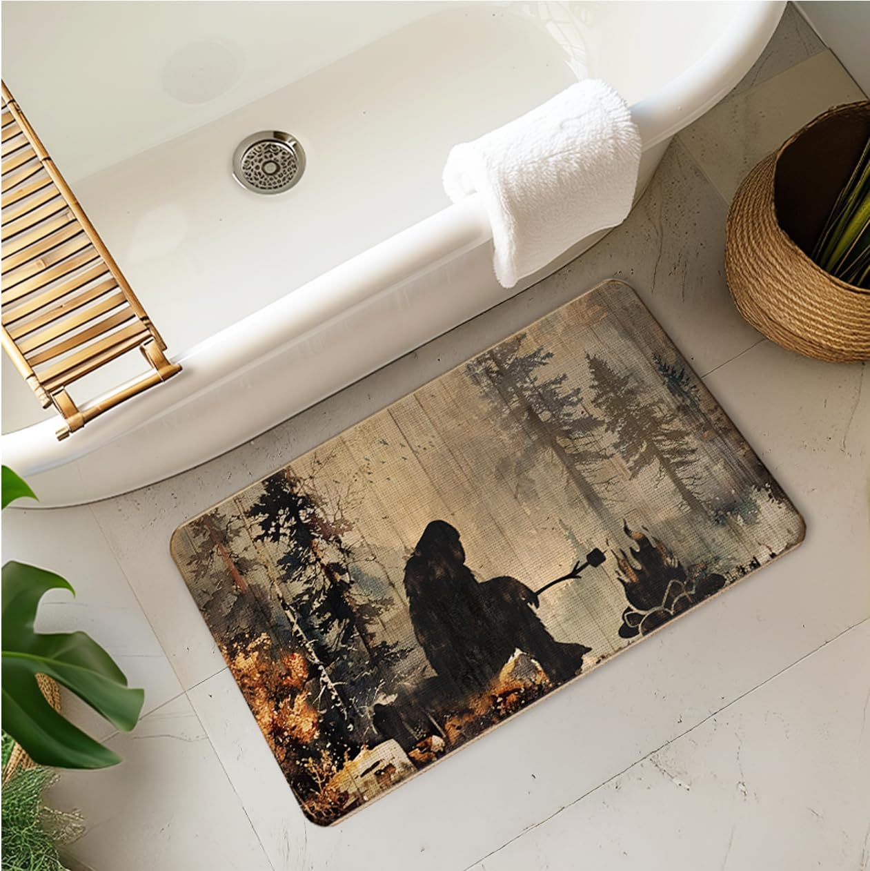 Rustic Winter Camping Forest Bigfoot Door Mat, Farmhouse Campfire Sasquatch Nature Landscape Doormat Indoor Outdoor Entrance，Vintage Camping Welcome Mats for Front Door Porch, 17x30 Inches