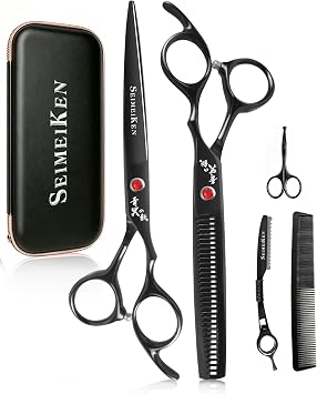 Hair Cutting Scissors Kit, 6.5" Barber Scissors Set Black | Professional Hair Shears, Japanese 440C Haircut Scissors With Straight Razor, Nose Scissors, Combs for Barbers, Salon Home