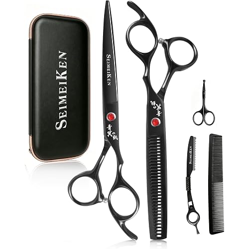 Hair Cutting Scissors Kit, 6.5" Barber Scissors Set (Black) | Professional Hair Shears, Japanese 440C Haircut Scissors With Straight Razor, Nose Scissors, Combs for Barbers, Salon Home