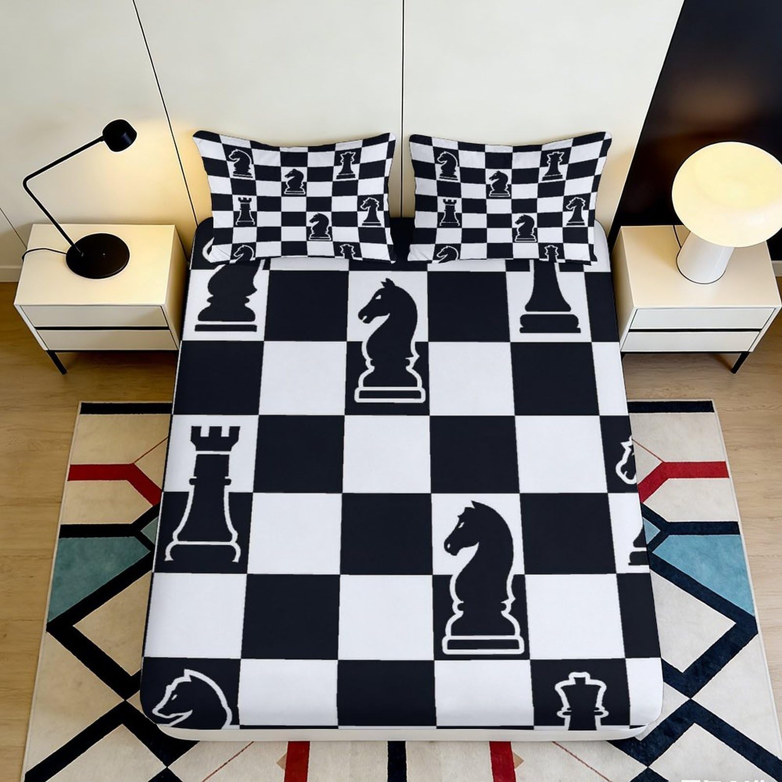 3D Printed Chessboard Pattern Fitted Sheet Microfiber Black White Chess Pieces Mattress Cover Bedroom Decor 90x200x25cm