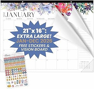 bloom daily planners LARGE 2026 Desk Calendar - January to December XL Wall Calendar - 21” x 16” Desktop & Hanging Monthly Planner with Stickers for Home or Office - Seasonal Florals