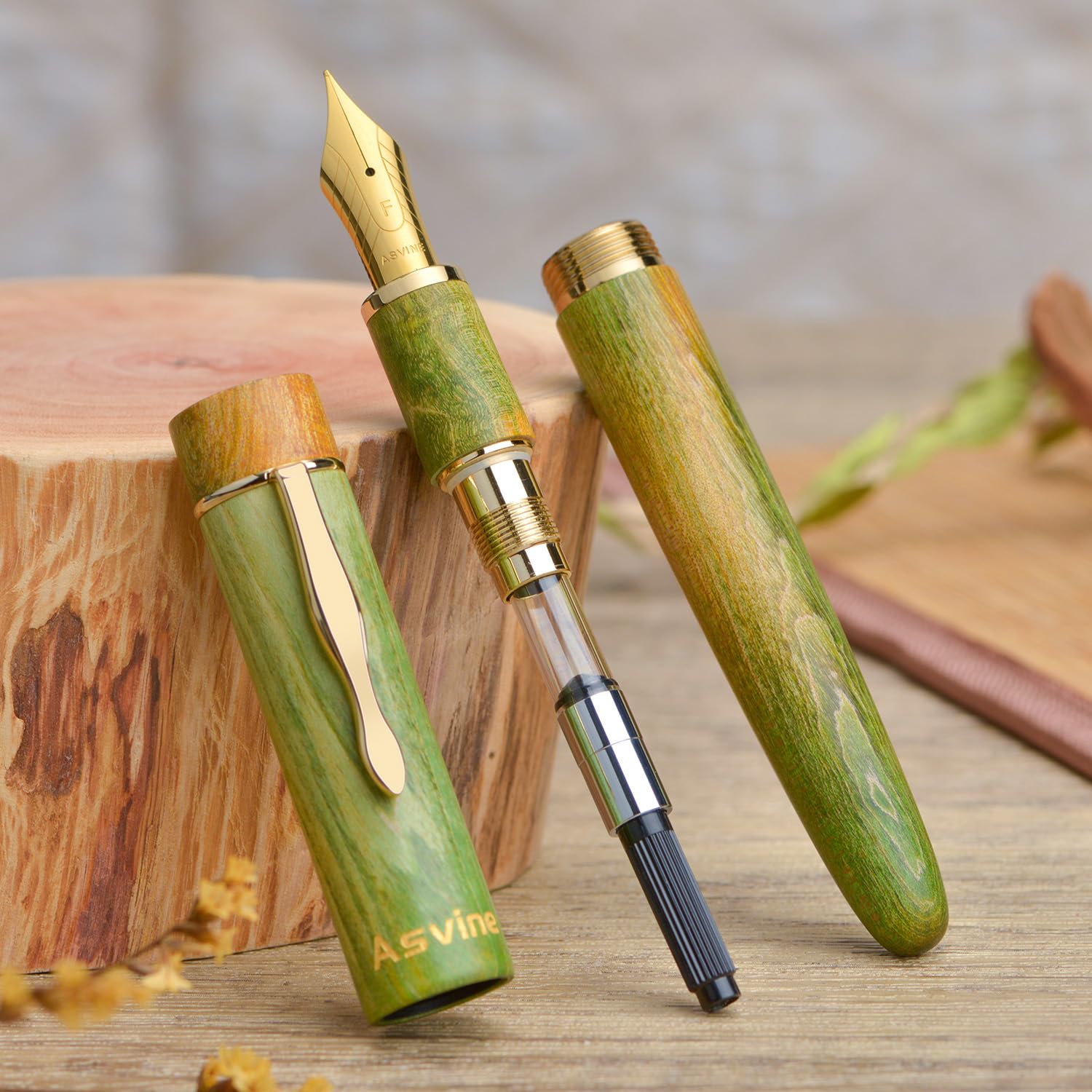 Asvine C2000 Füllfederhalter aus stabilisiertem Holz, Nr. 8, extra feine Feder, Hellgrün, großer Handarbeitsstift mit Konverter-Stiftbox, Sammlungsset