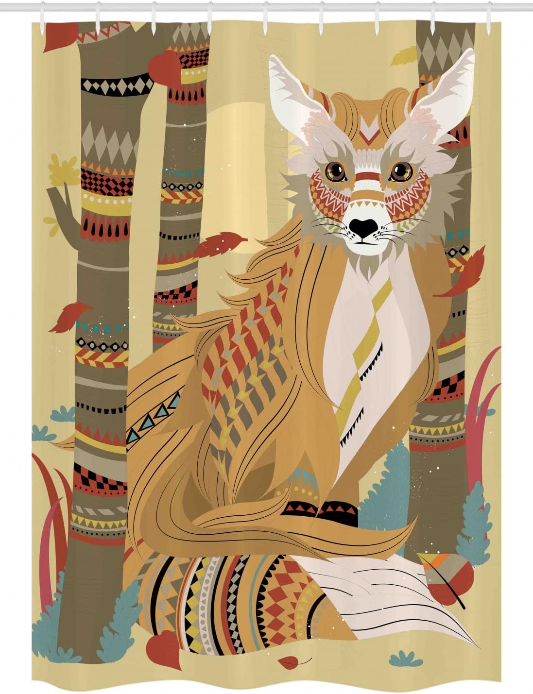Ambesonne Fox Stall Shower Curtain, Animal Theme a Fluffy Wild Fox in The Forest and Tree Trunks Design Pattern Print, Fabric Bathroom Decor Set with Hooks, 54" W x 78" L, Pale Coffee