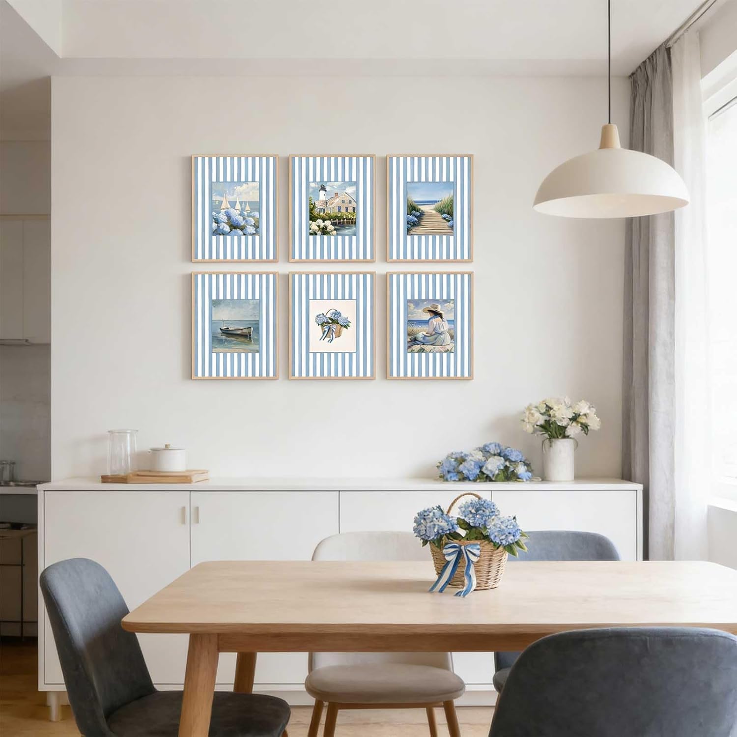 6Pcs Coastal Granddaughter Wall Art Prints Blue Stripe Hydrangea Beachy Wall Decor Pictures Summer Beach House Preppy Aesthetic Posters for Girly Bedroom Dorm Apartment Home Decoration (blue, 16"L x 12"W, Unframed)