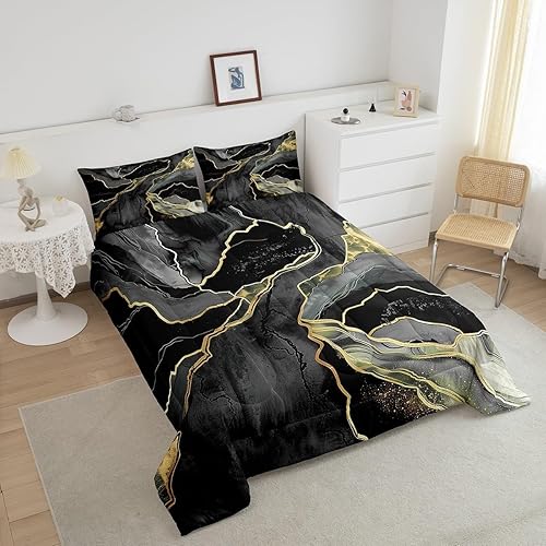 Miniatura 4 de Juego de ropa de cama de mármol negro tamaño matrimonial, relleno de edredón de mármol negro y gris, para hombres y mujeres, juego de edredón