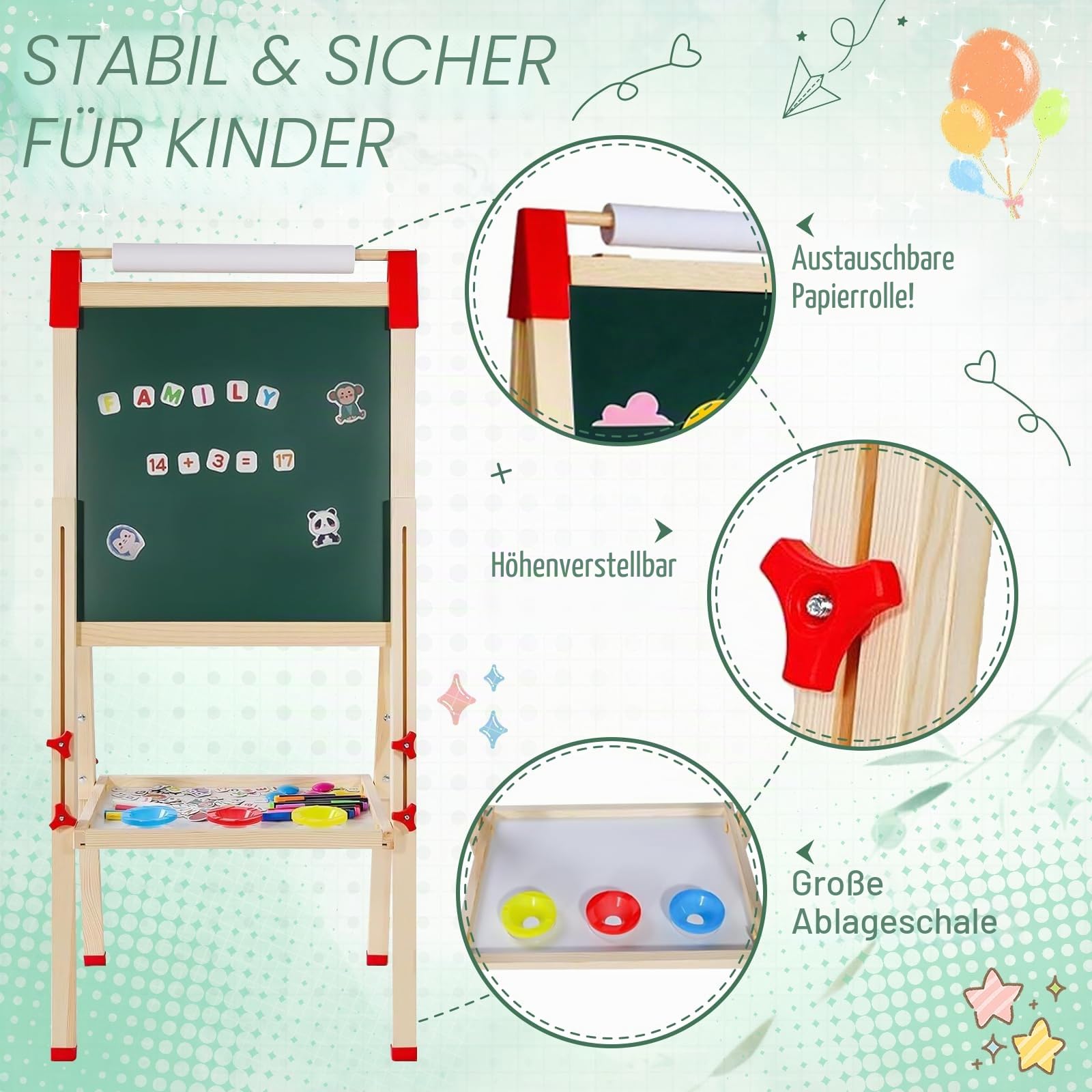 Kinder Tafel Holz Kindertafel Malerei Holztafel: Kindertafel Mit Kreide und Magnet - Double-Sided Whiteboard and Board - Höhenverstellbar Standtafel für Mädchen und Jungen (White and Green)