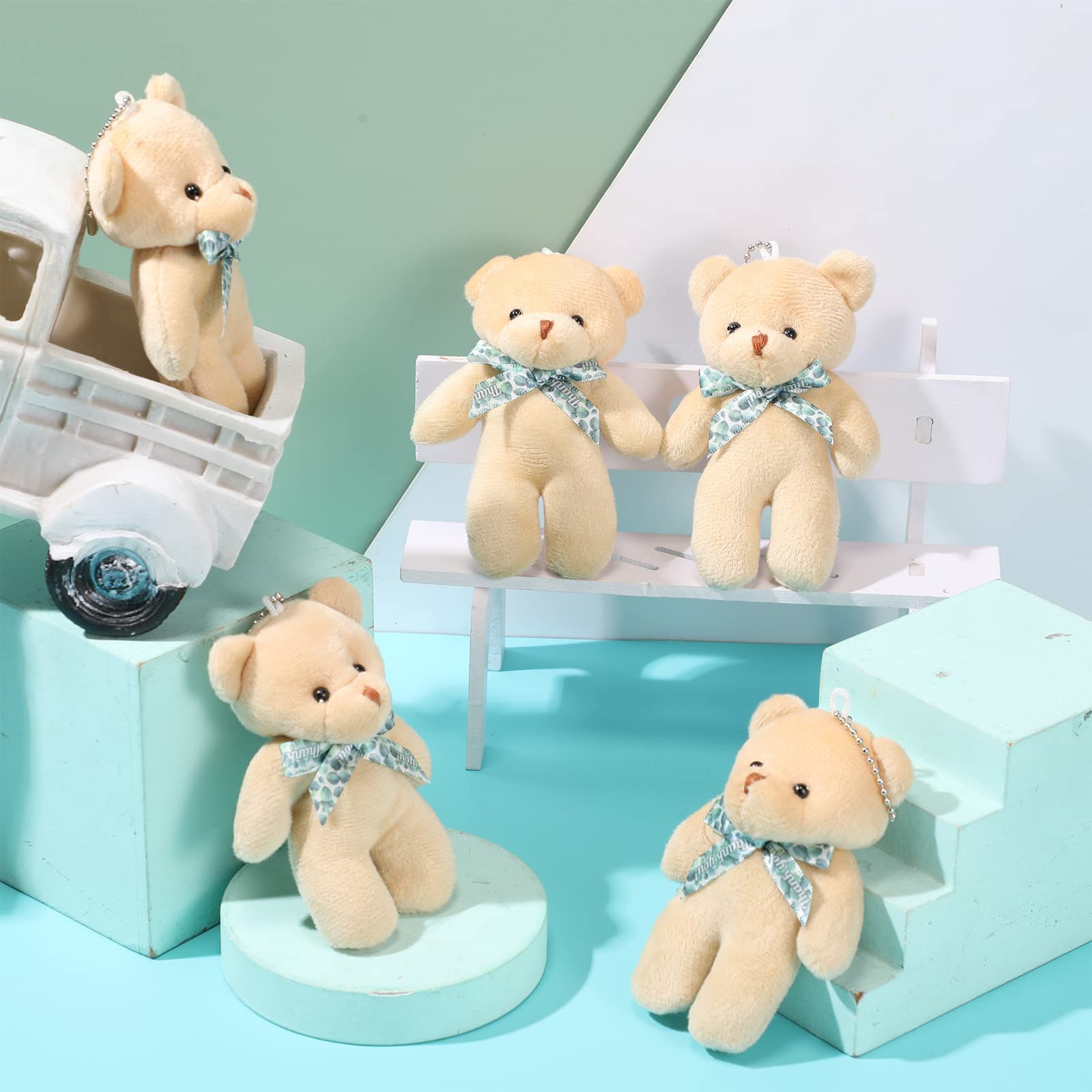 Wettarn 50 Sets Baby Shower Small Bears Tiny Plush Bear Bulk 4.72 Inch Mini Stuffed Animals Small Bear Party Favors for DIY Keychain Birthday Baby Shower , Brown