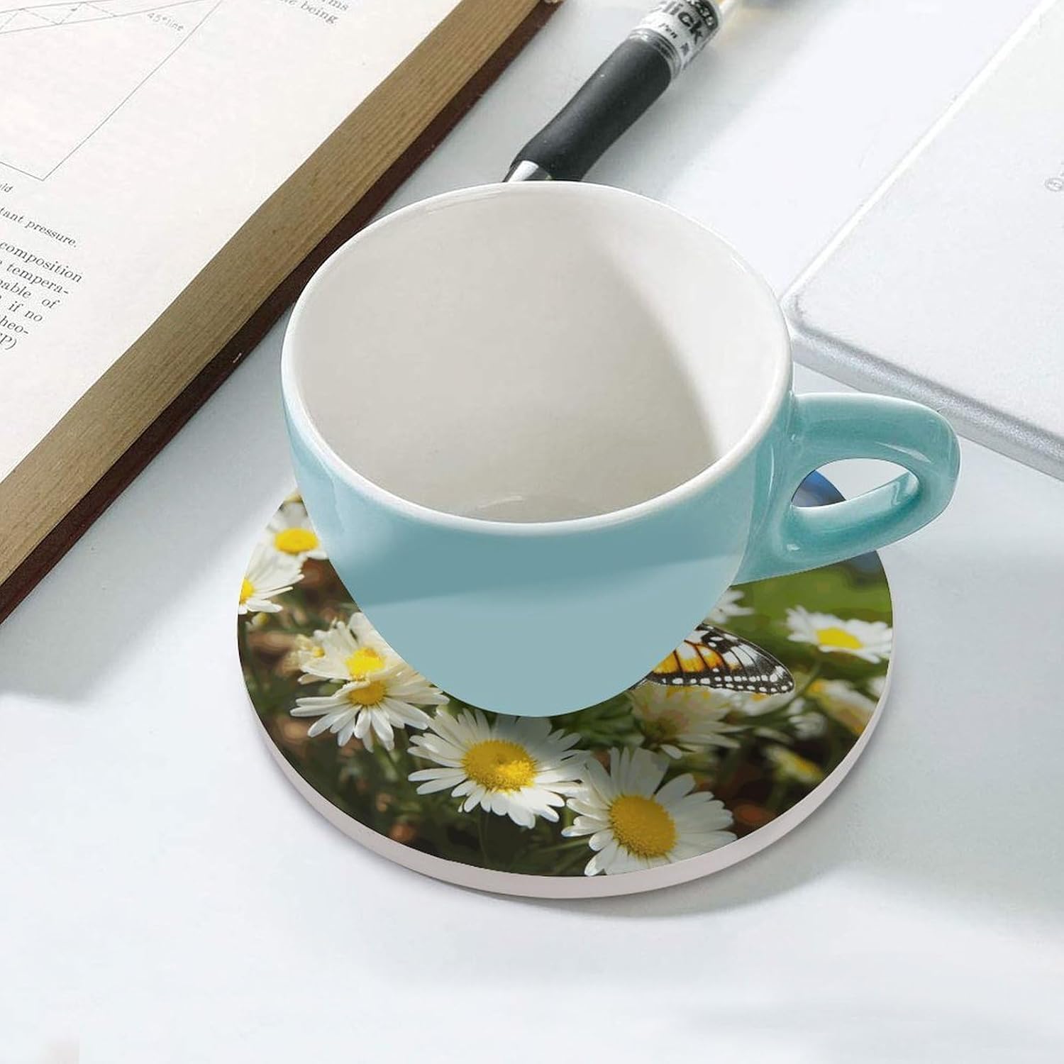 Butterfly on Daisy Flower Coasters for Drinks Absorbing Round Ceramic Stone Coaster with Cork Base Coffee Cup Beverage Table Cup Mat Modern Style Bar Coaster Set for Home Decor