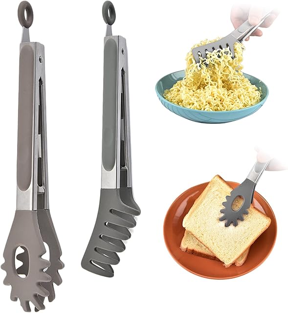 Bncxdc Kitchen Tongs, 2PCS Cooking Tongs for Kitchen, BBQ Tongs Set, Heat-Resistant Temperature Stainless Steel Spaghetti Spoon Server Noodle Spoon Food Serving Tong for Kitchen Cooking Baking Tools