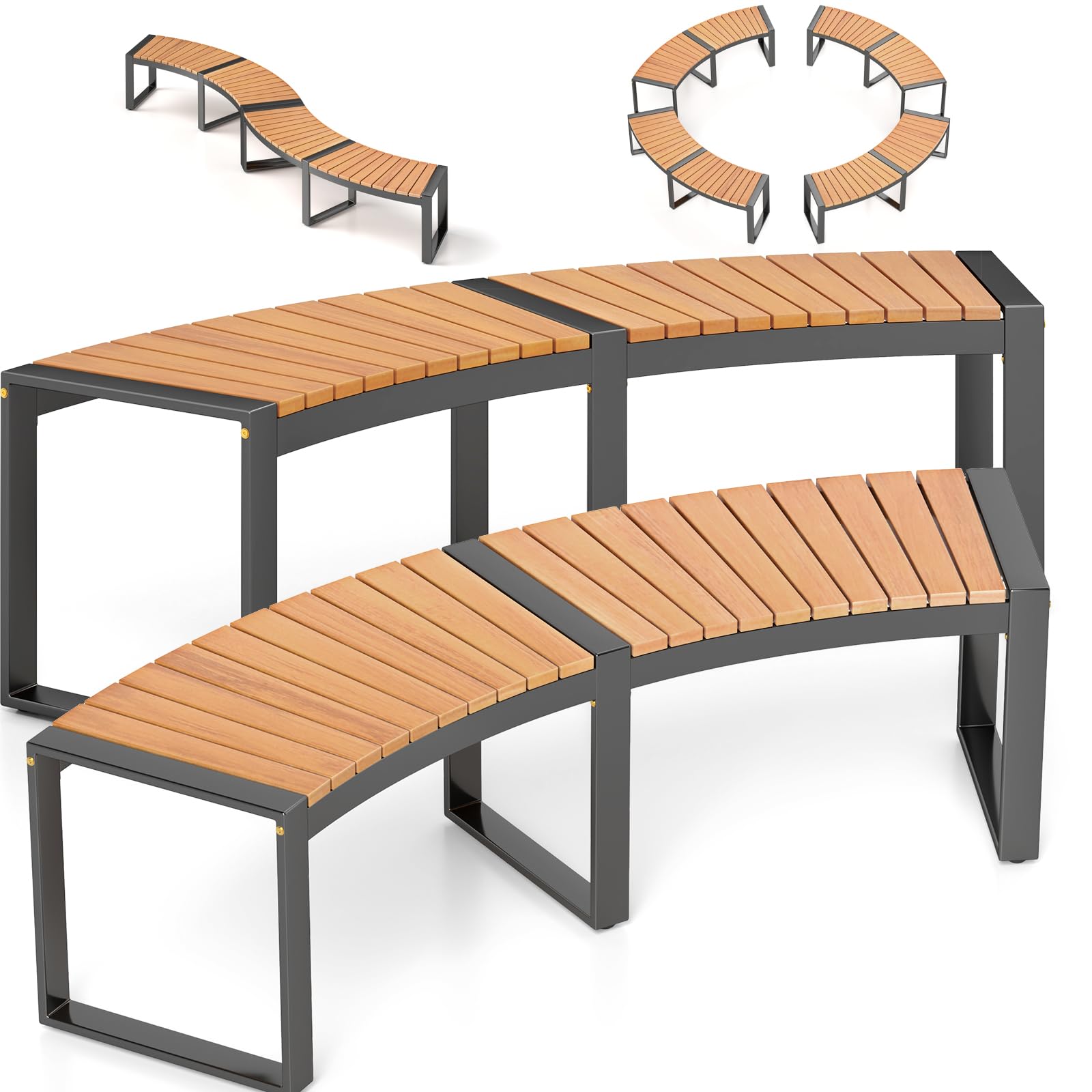 KOMFOTTEU Panchina da Esterno Curvata, Set di 2 Panchine da Giardino in Legno di Acacia con Struttura in Metallo, Comoda Panca da Patio 2-3 Posti, per Veranda, Cortile, Prato, Capacità di 360 kg (2)