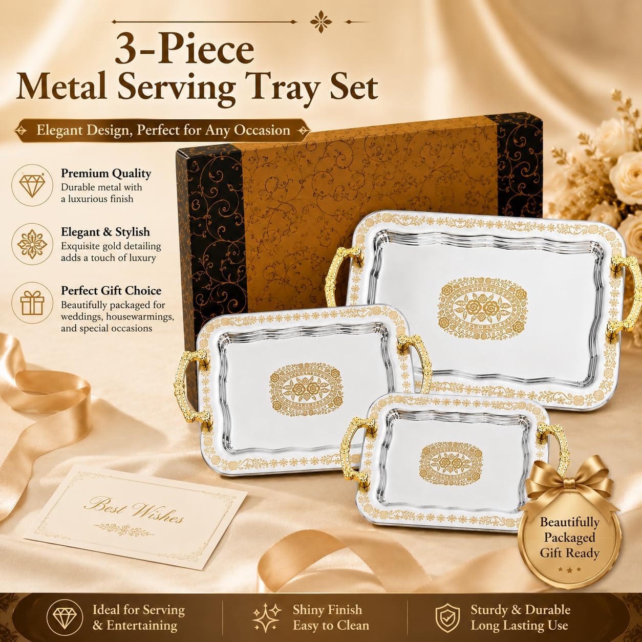 3 Pcs Silver Serving Trays with Handles