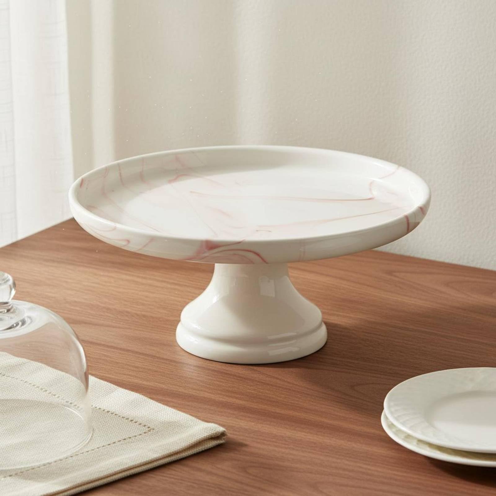 Gralara Alzata in Ceramica Effetto Marmo Multistrato Piatto da Torta con Piedistallo Finitura Dorata per Matrimoni, Red Marble, 25CM High Foot Stand