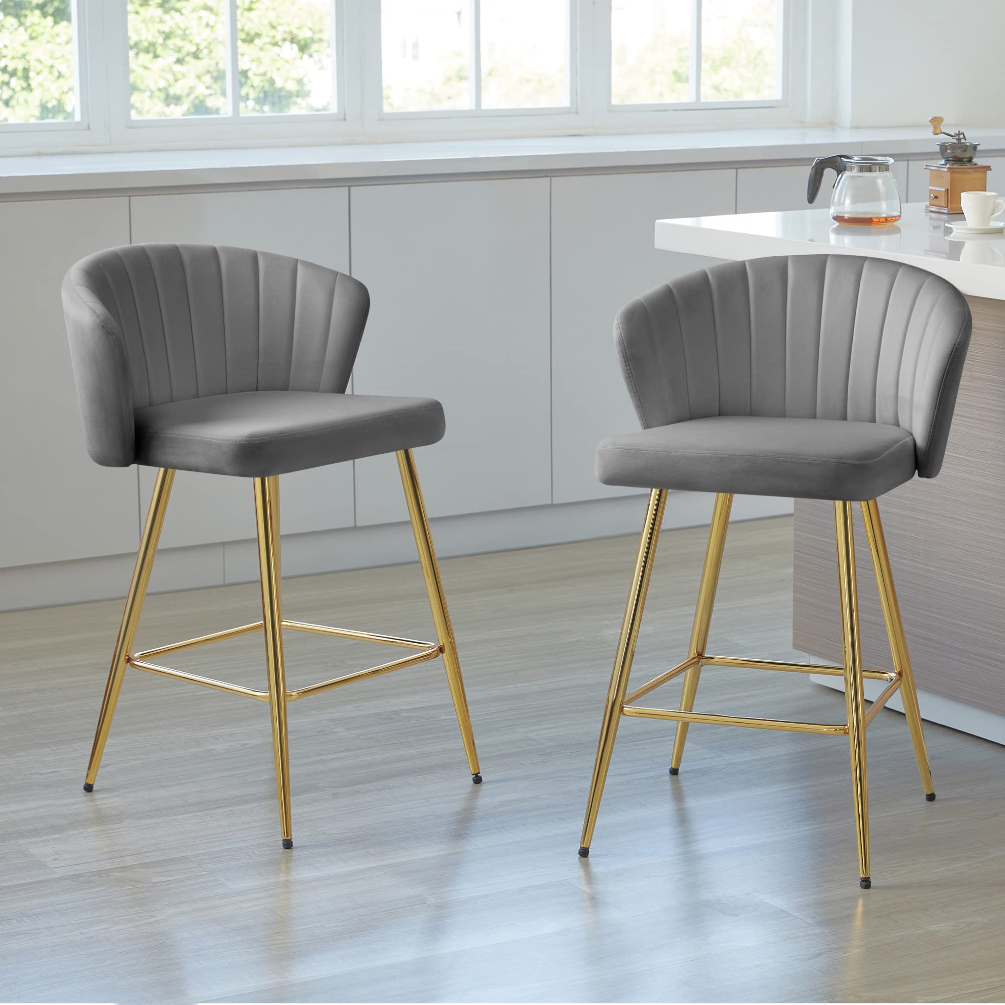 KithKasa Grey and Gold Counter Height Bar Stools, Modern Velvet Barstools Set of 2 Shell Back for Kitchen Island Dining Room (Grey)