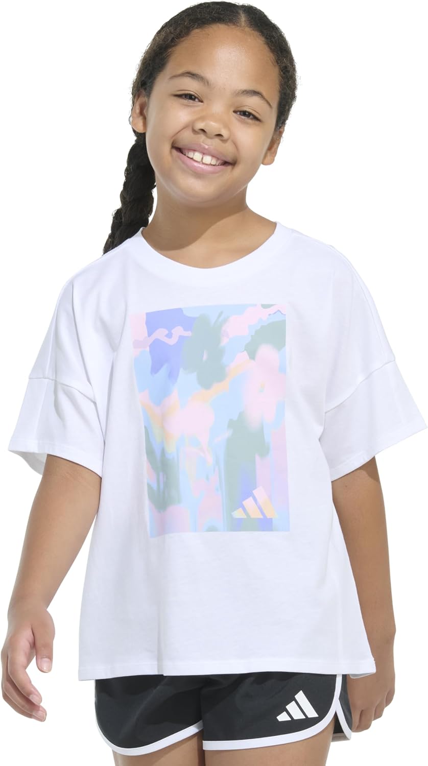 Adidas Girls Short Sleeve Drop Shoulder Graphic Tee Shirt - Image 3