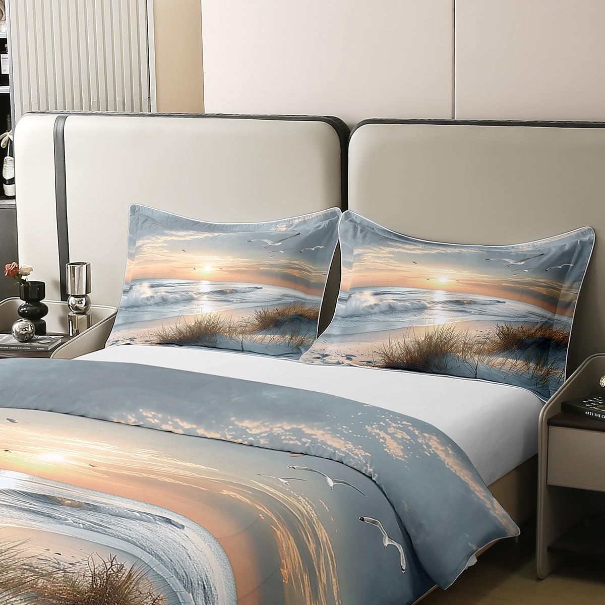 Homewish Ozean Baumwoll Bettwäsche Sonnenuntergang Deckenbezug 135x200 Möwen Wellen Strand Segeln Bettbezug Jugendliche Botanisch Bettset 2 Teilig
