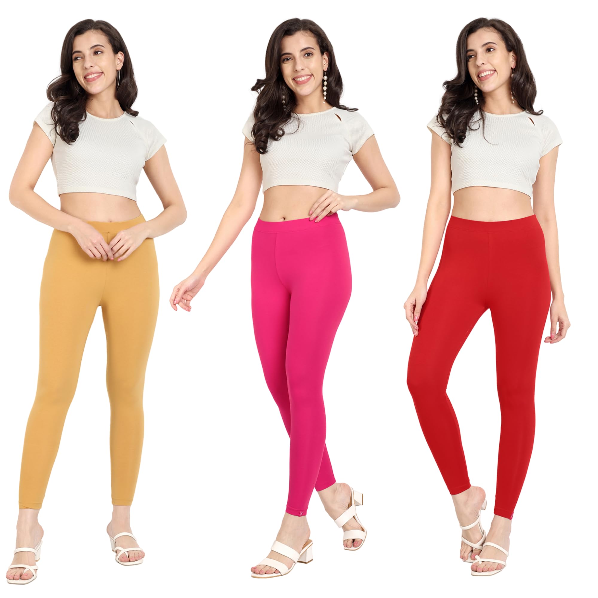 T2 Womens Ankle Length Leggings | Cotton Combo Leggings | 180 GSM | Mid-Waist Design | Pack of 3