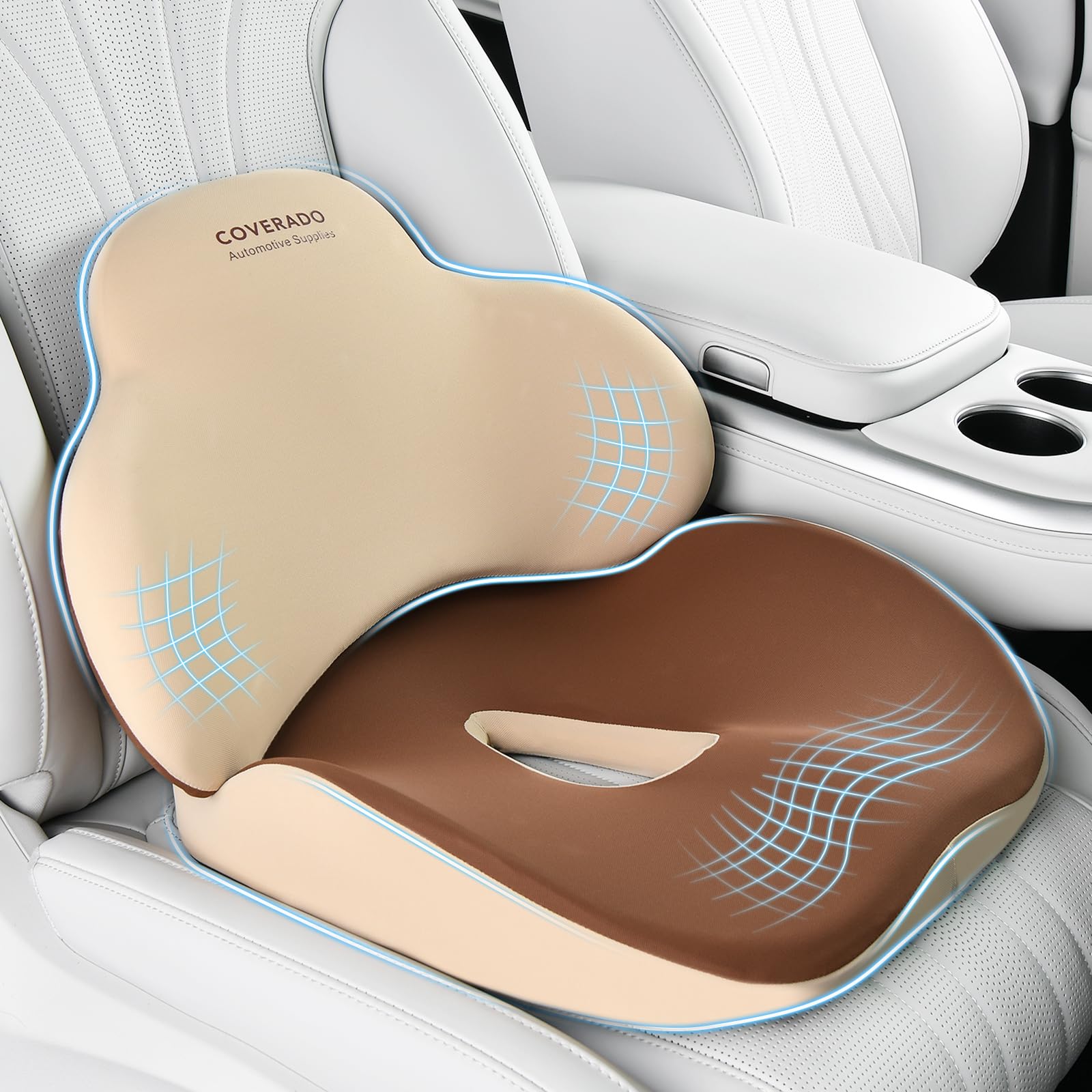 Coverado Seat Cushion and Lumbar Support Pillow for Car Office Chair, Ergonomic Memory Foam Desk Chair Cushion Back Support Pillow, Sciatica &amp; Back &amp; Tailbone Pain Relief Cushion-Beige