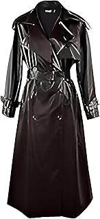 معطف كلاسيكي للنساء من الجلد الصناعي - معطف طويل بني بتصميم مزدوج الصدر وحزام، طبقة خارجية انيقة للمواسم الباردة والارتداء اليومي