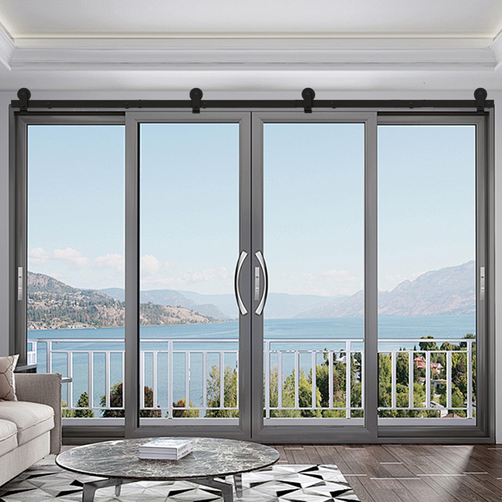 Kit de accesorios para puertas de granero, puerta plegable, kit de hardware para puerta corredera de 4,8 pies, juego de hardware en forma de T - Ruedas negras para armario - Accesorio para apartamento