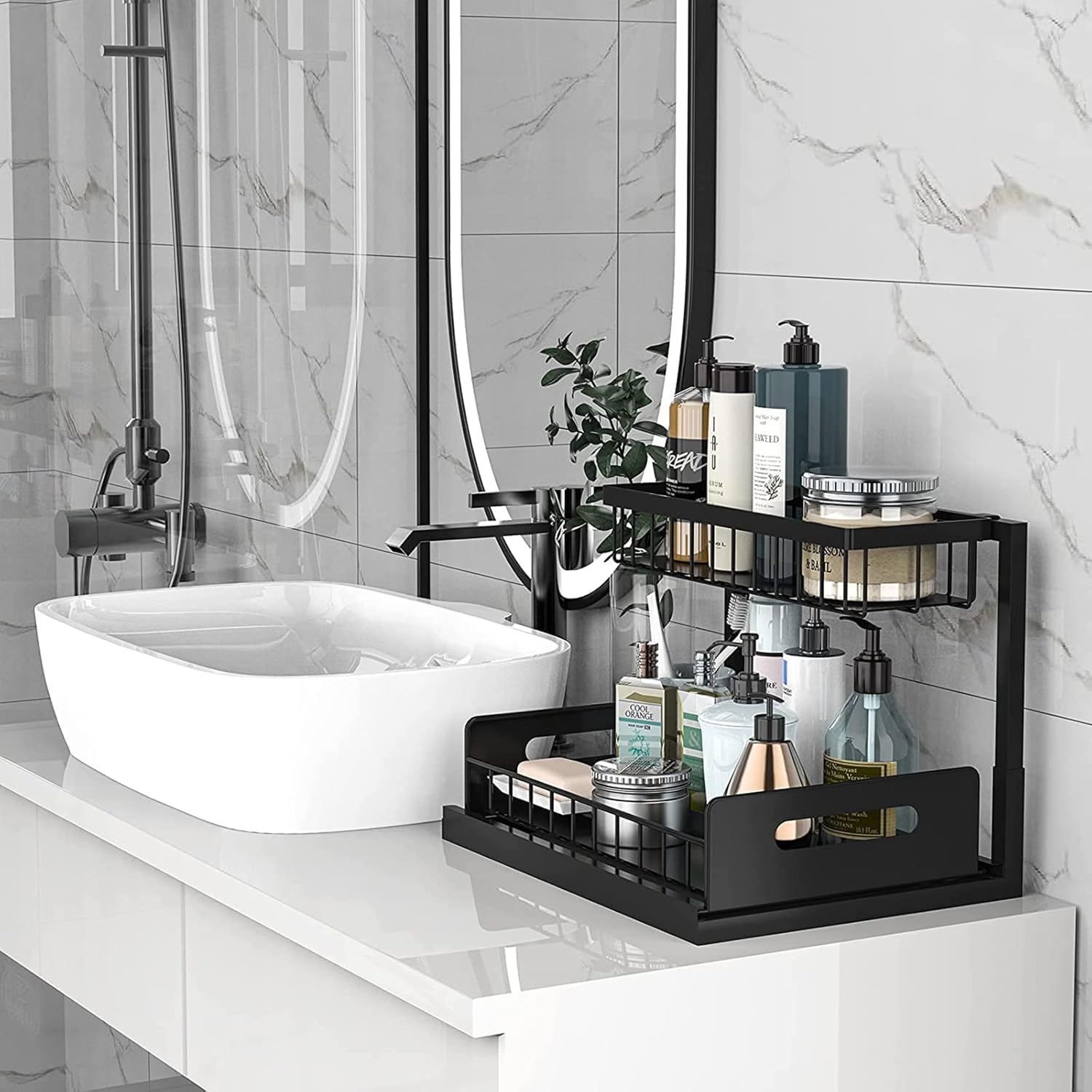 Under Sink Organizer, 2 Tier Pull Out Cabinet Organizer Shelf And Storage Double Shelf Drawer for Bathroom Kitchen, Multi-Purpose Sliding Drawers Baskets