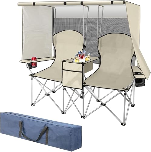 Miniatura 9 de Silla de playa doble con pantalla de toldo, silla de campamento resistente para adultos, silla de playa plegable con soporte para tazas, bolsa