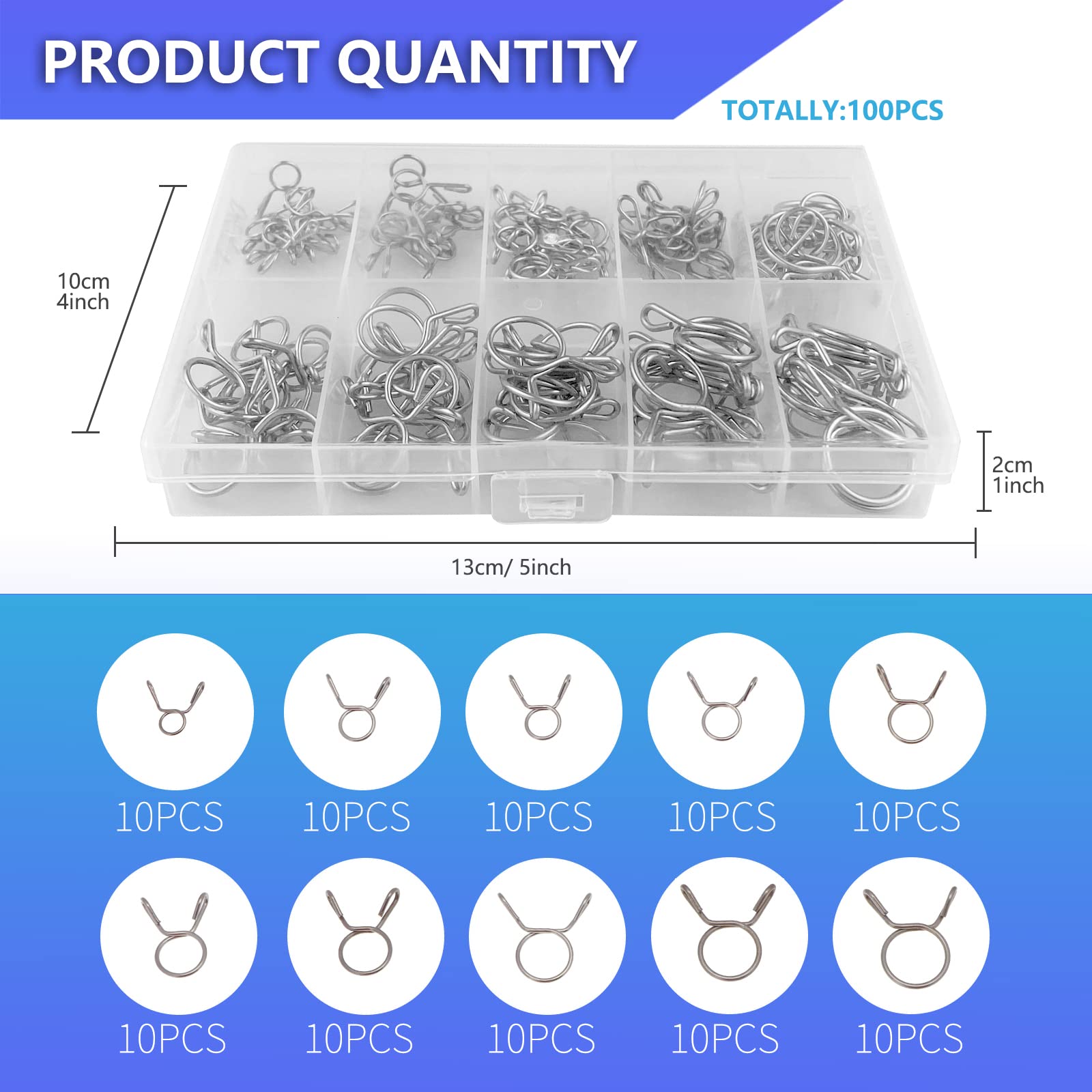 100 Colliers De Serrage Inox à Une Oreille - Kit Tailles Assorties Avec Boîte De Rangement