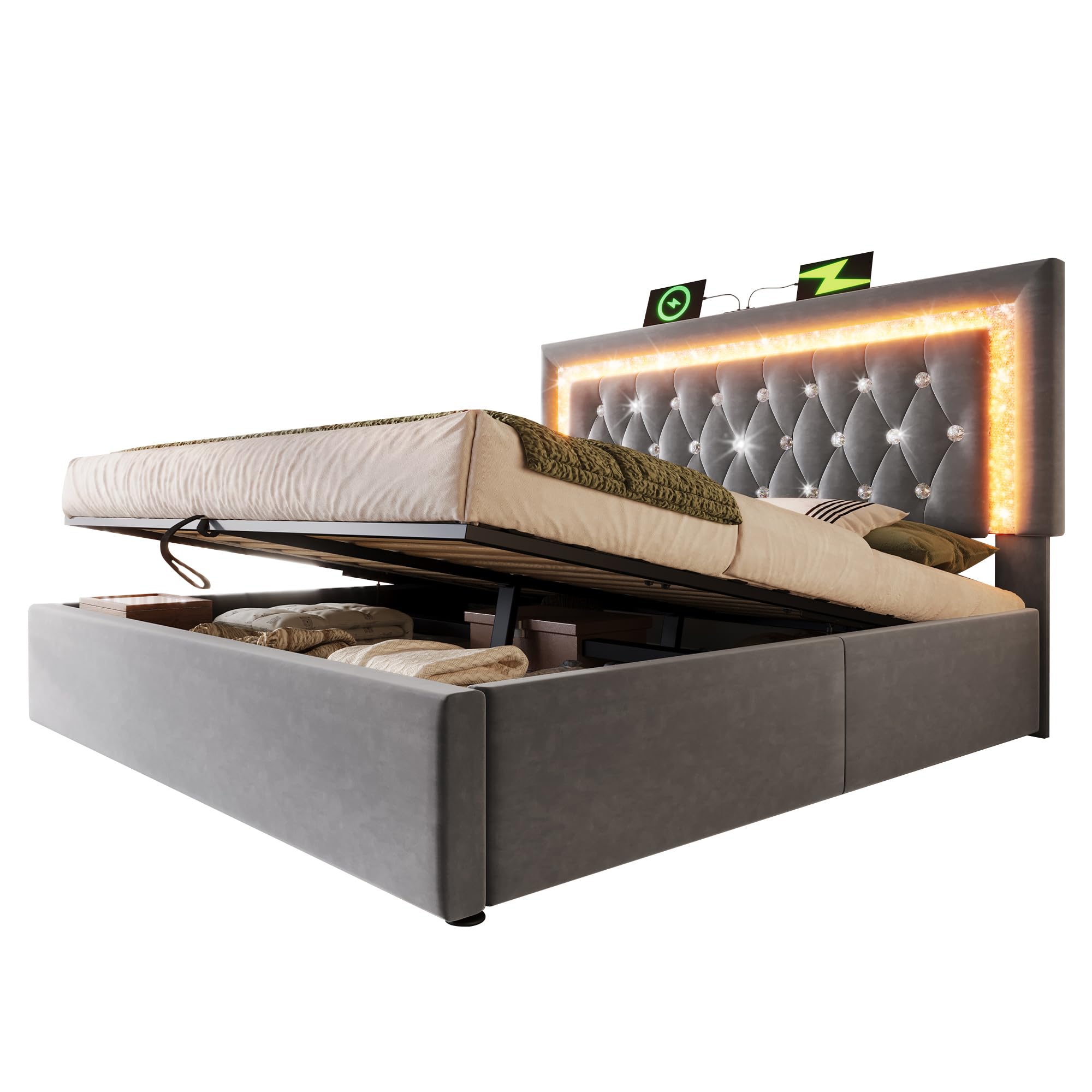 Łóżko tapicerowane 180 x 200 cm, aksamitne łóżko podwójne z paskami diamentowymi LED, stacja ładująca USB & Type-C, hydrauliczne łóżko do przechowywania, nowoczesne łóżko młodzieżowe ze